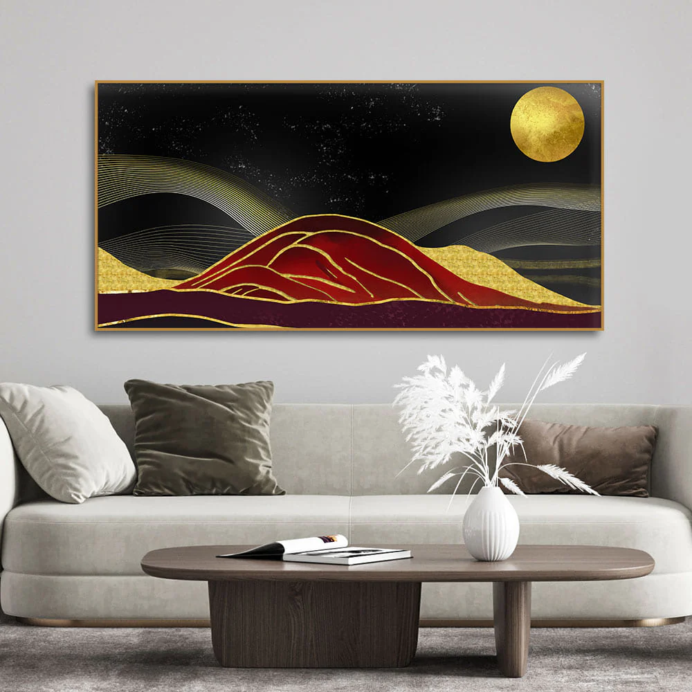 Golden Mountains lines Art with Moon Canvas Wall Painting - Image 3
