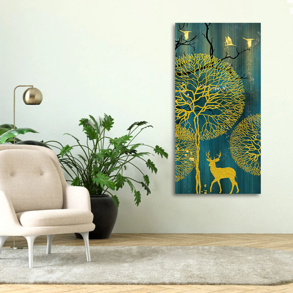 Golden Nightscape with Deer and Golden birds Canvas Wall Painting - Image 2