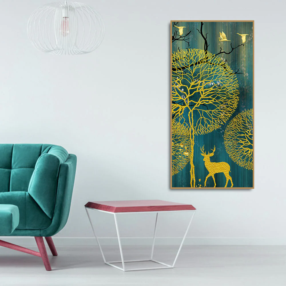 Golden Nightscape with Deer and Golden birds Canvas Wall Painting - Image 3