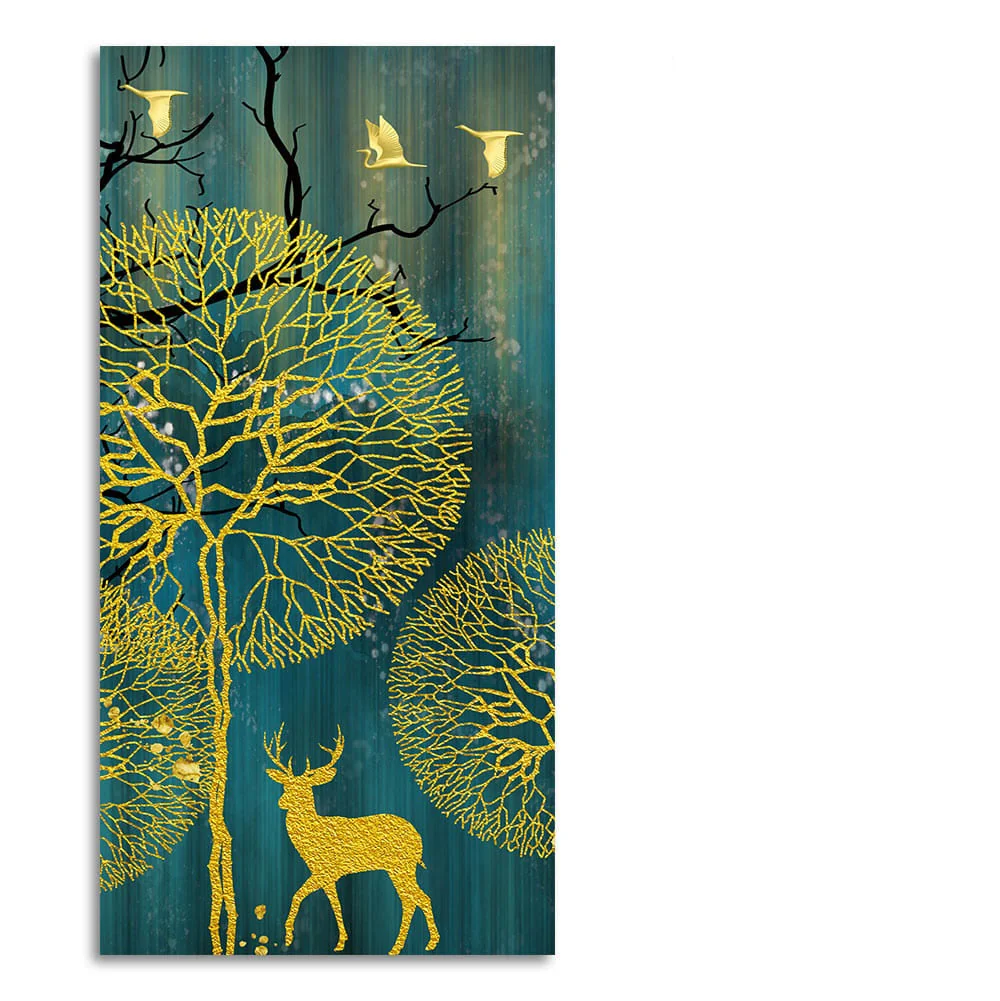 Golden Nightscape with Deer and Golden birds Canvas Wall Painting - Image 4