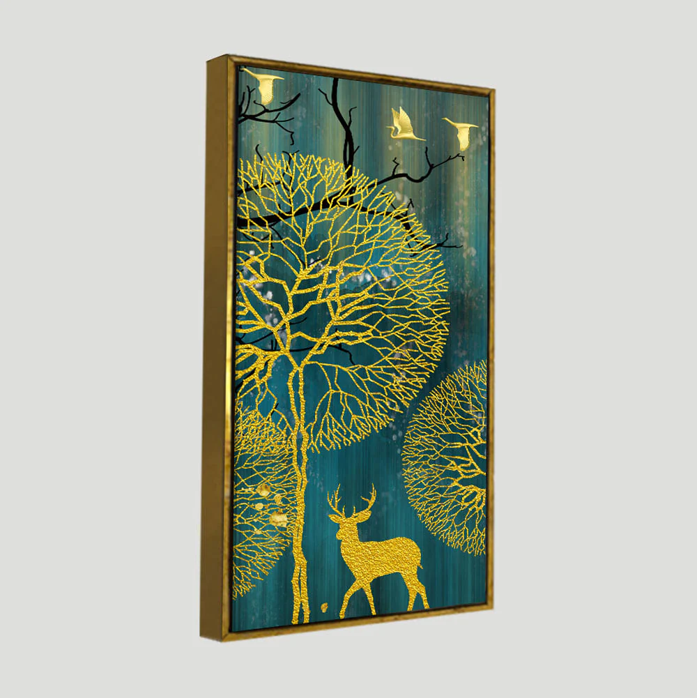 Golden Nightscape with Deer and Golden birds Canvas Wall Painting - Image 5