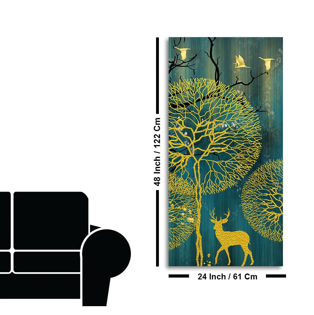 Golden Nightscape with Deer and Golden birds Canvas Wall Painting - Image 7