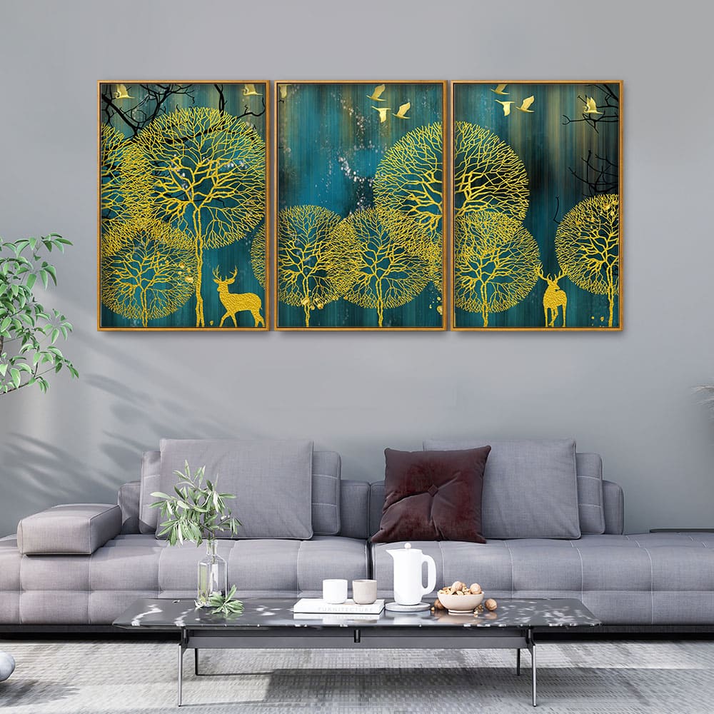 Golden Nightscape with Deer and Golden birds Floating Canvas Wall Painting Set of Three - Image 2