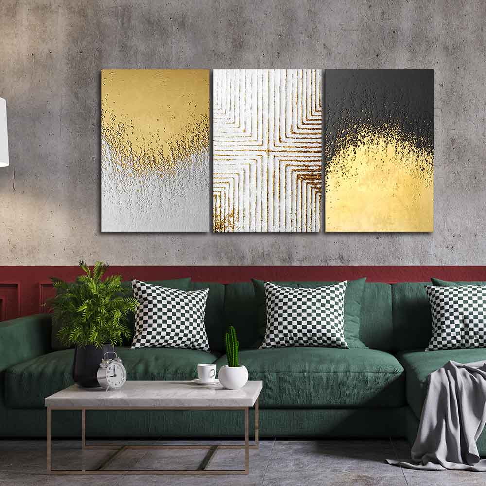 Golden Paint Texture Wall Painting of 3 Pieces - Image 2