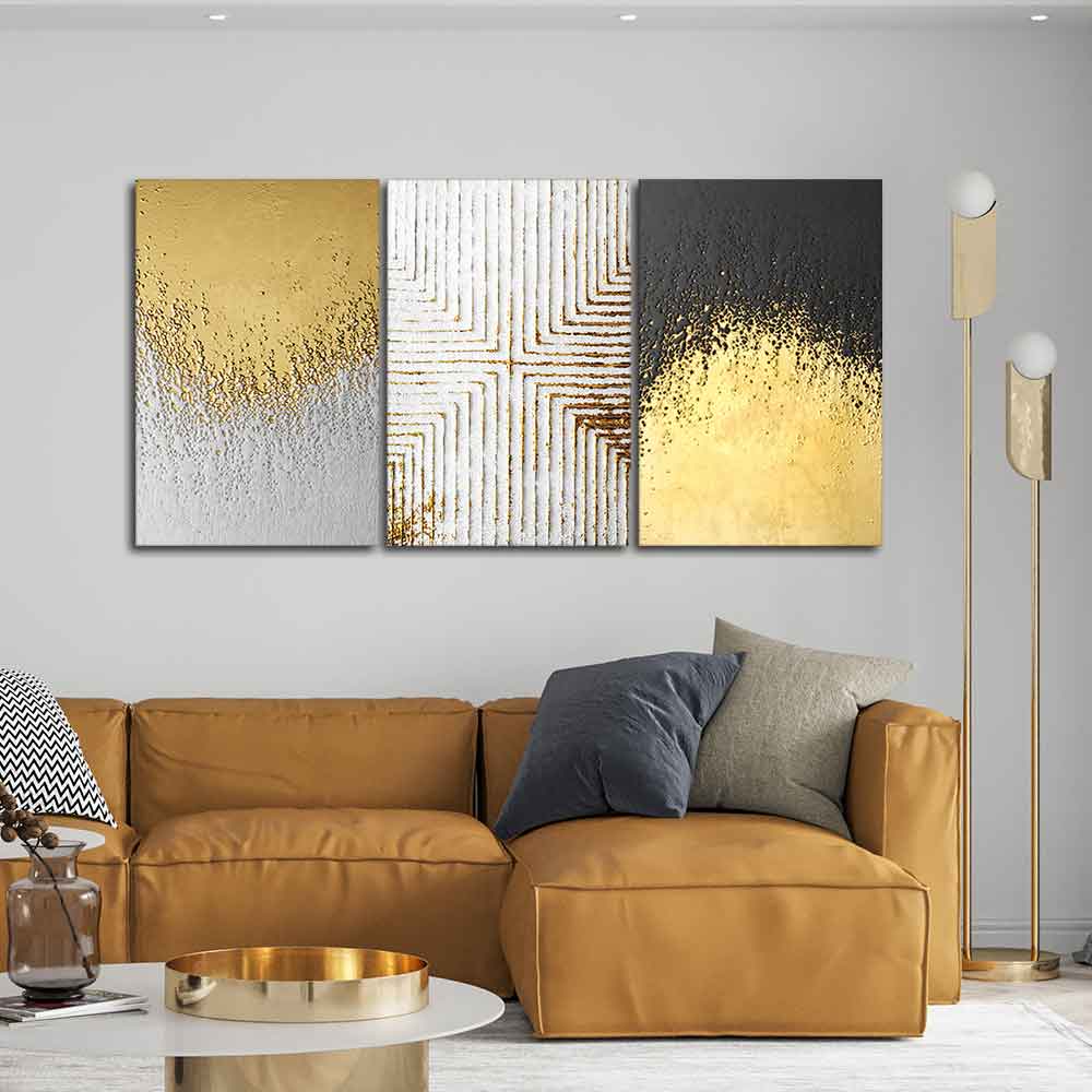 Golden Paint Texture Wall Painting of 3 Pieces - Image 3