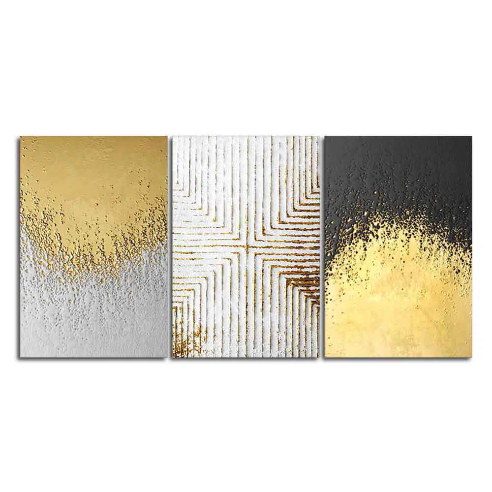 Golden Paint Texture Wall Painting of 3 Pieces - Image 4