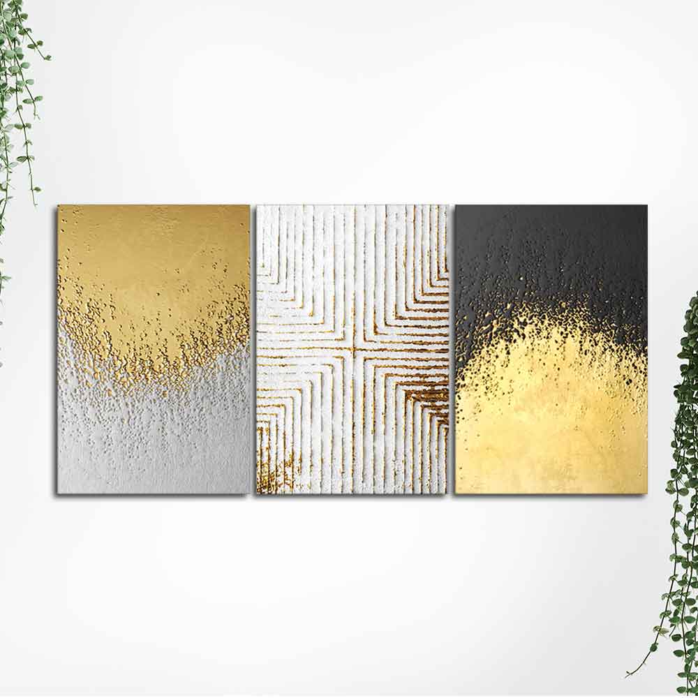 Golden Paint Texture Wall Painting of 3 Pieces - Image 5