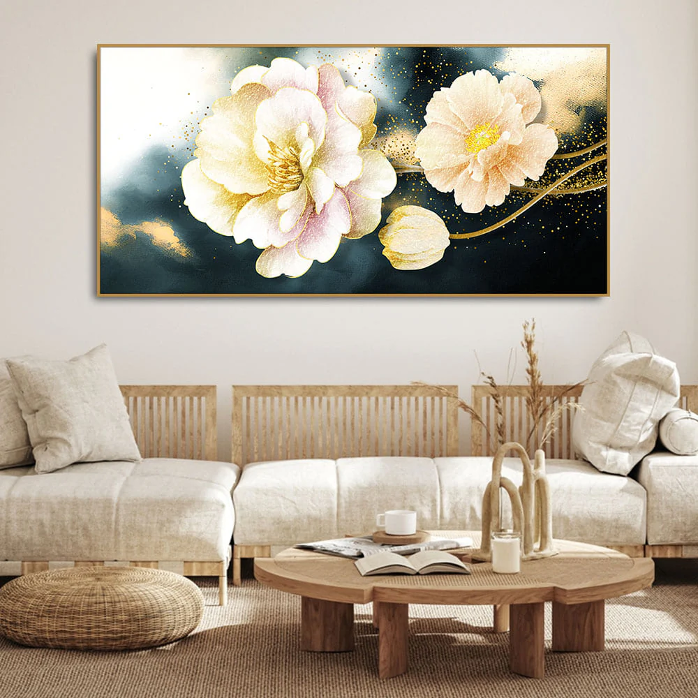 Golden Particles with Flower Premium Canvas Wall Painting - Image 3