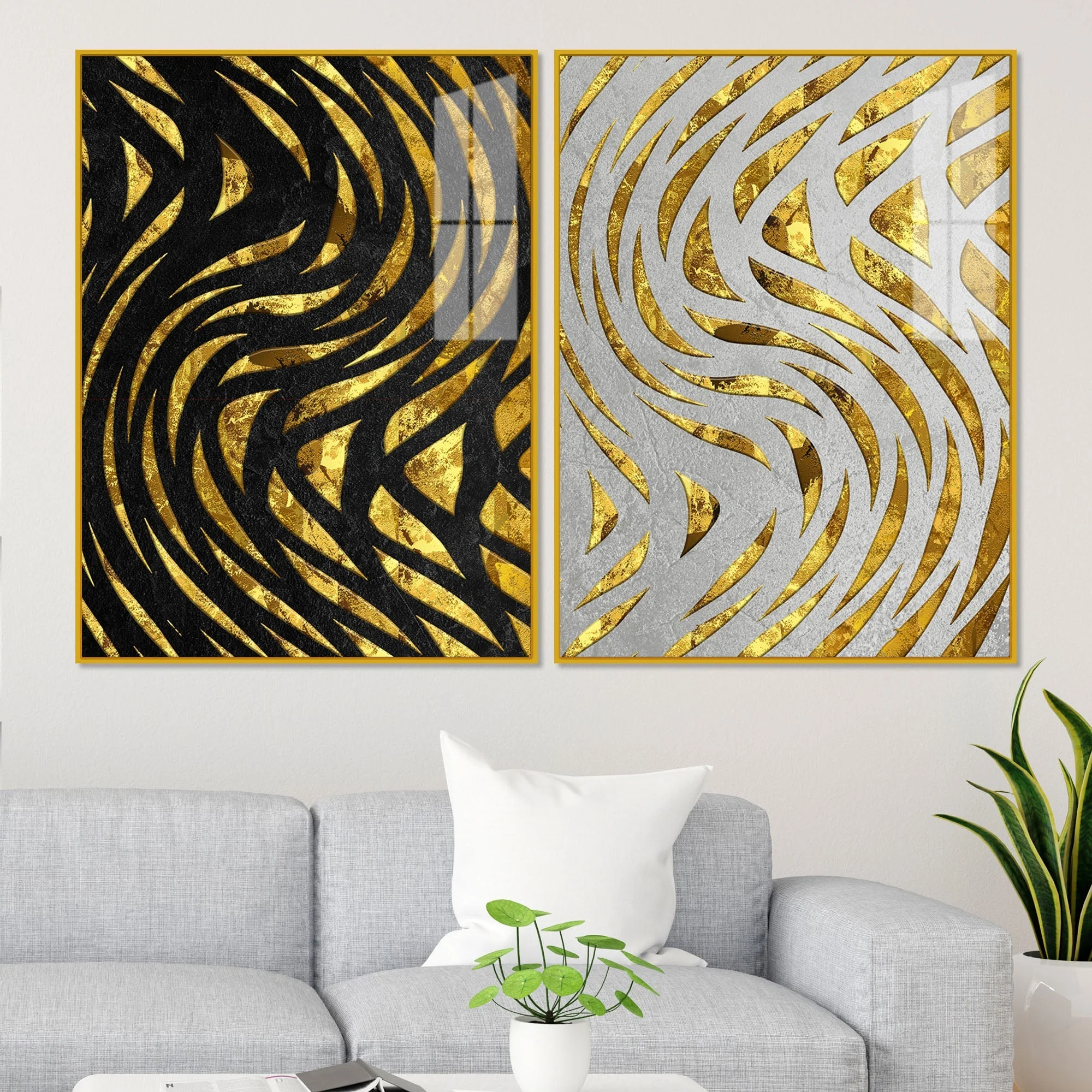 Golden Patterns Acrylic Floating Wall Painting Set of 2 - Image 2