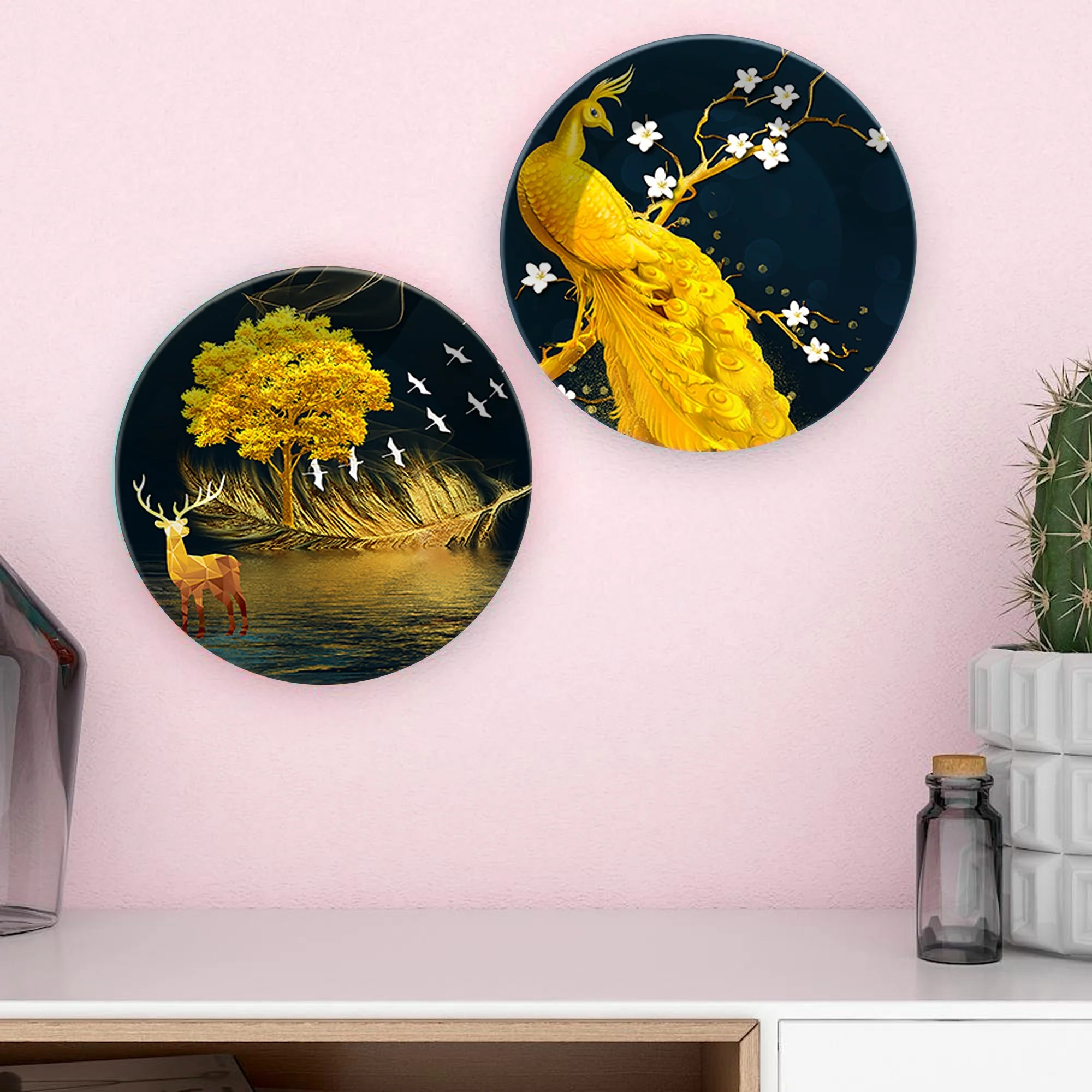 Golden Peacock & Deer Ceramic Wall Hanging Plates of Two Pieces - Image 2