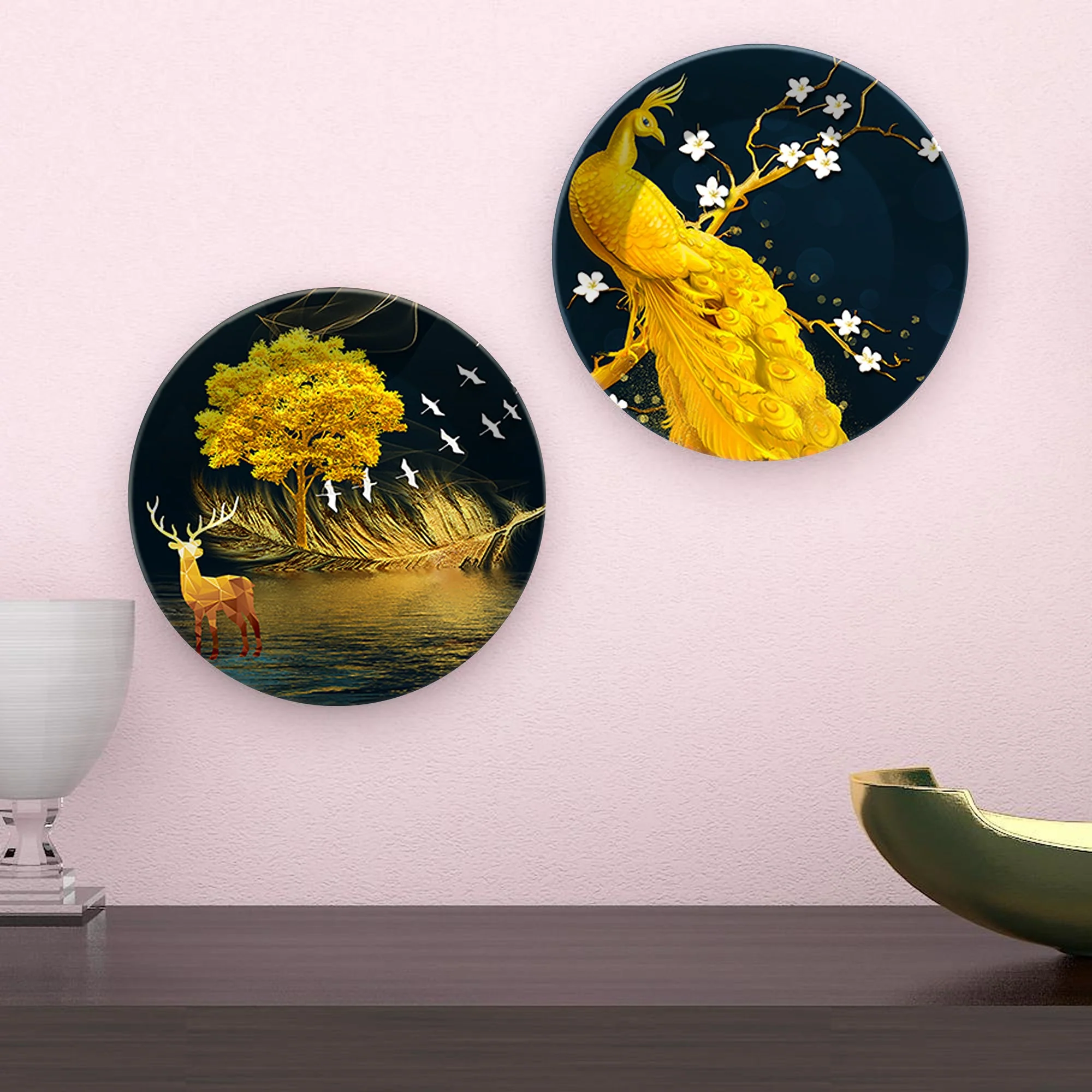 Golden Peacock & Deer Ceramic Wall Hanging Plates of Two Pieces - Image 3