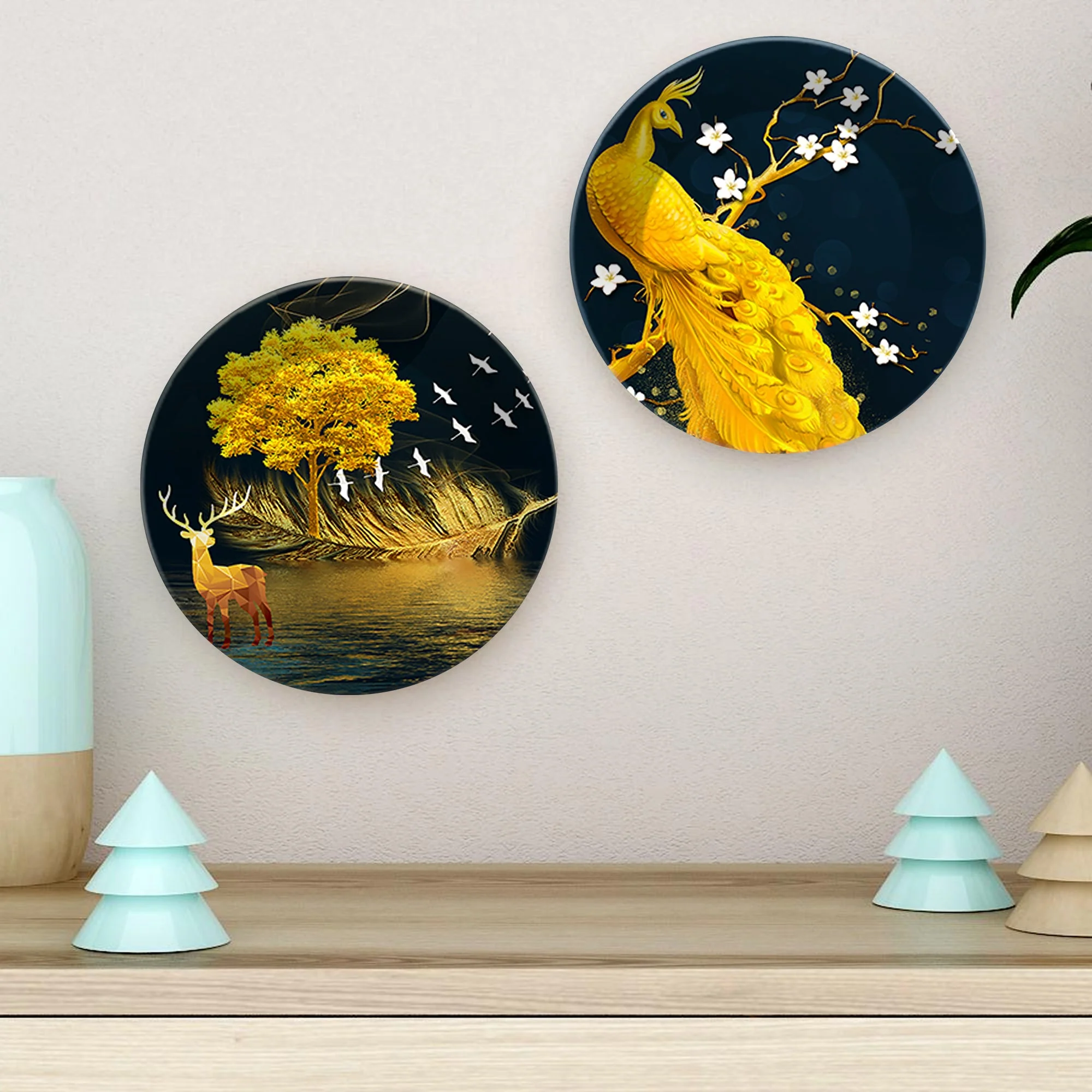 Golden Peacock & Deer Ceramic Wall Hanging Plates of Two Pieces - Image 4
