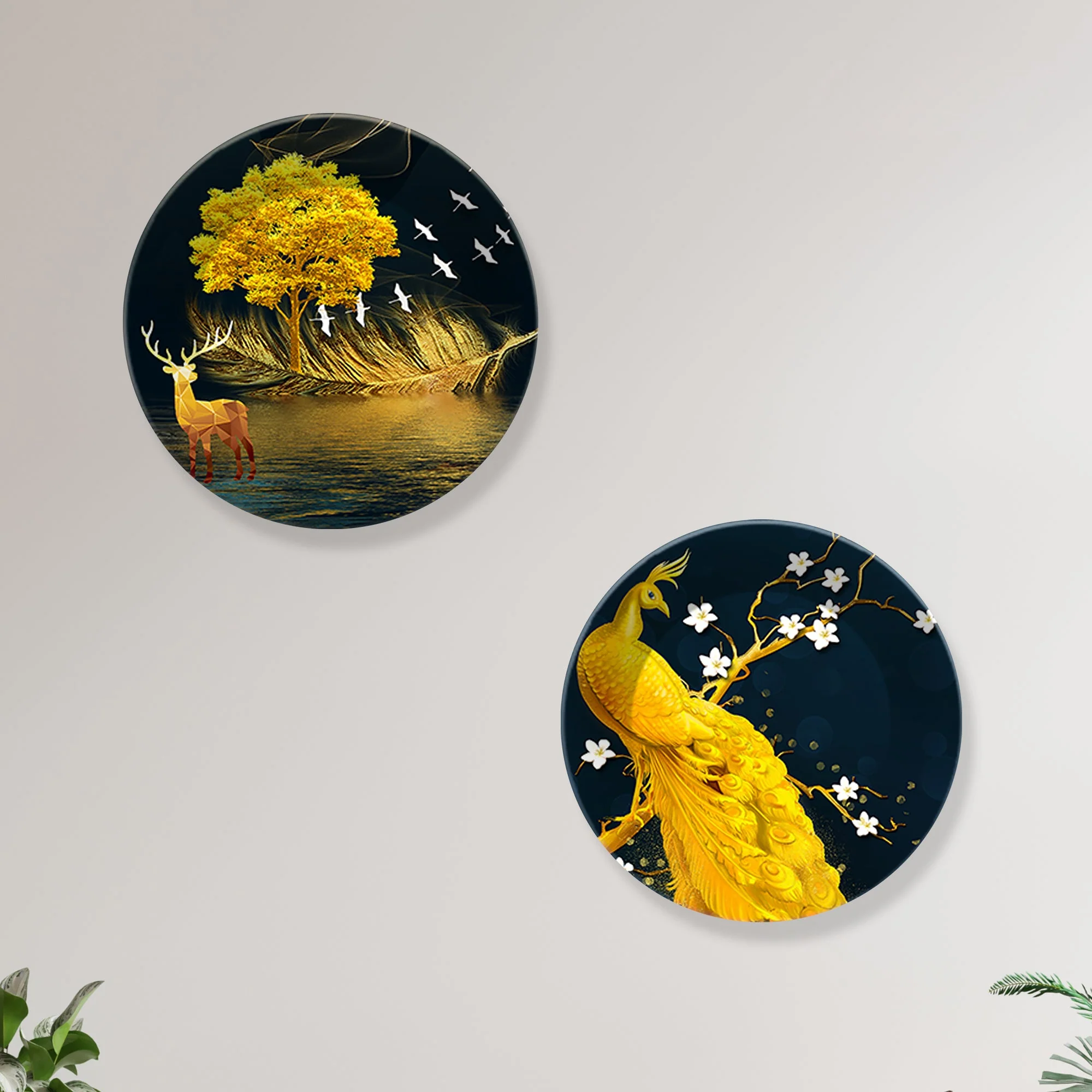 Golden Peacock & Deer Ceramic Wall Hanging Plates of Two Pieces - Image 5