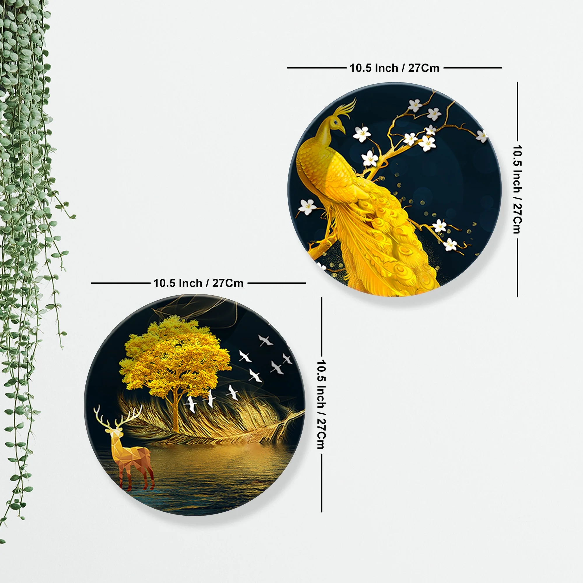 Golden Peacock & Deer Ceramic Wall Hanging Plates of Two Pieces - Image 7