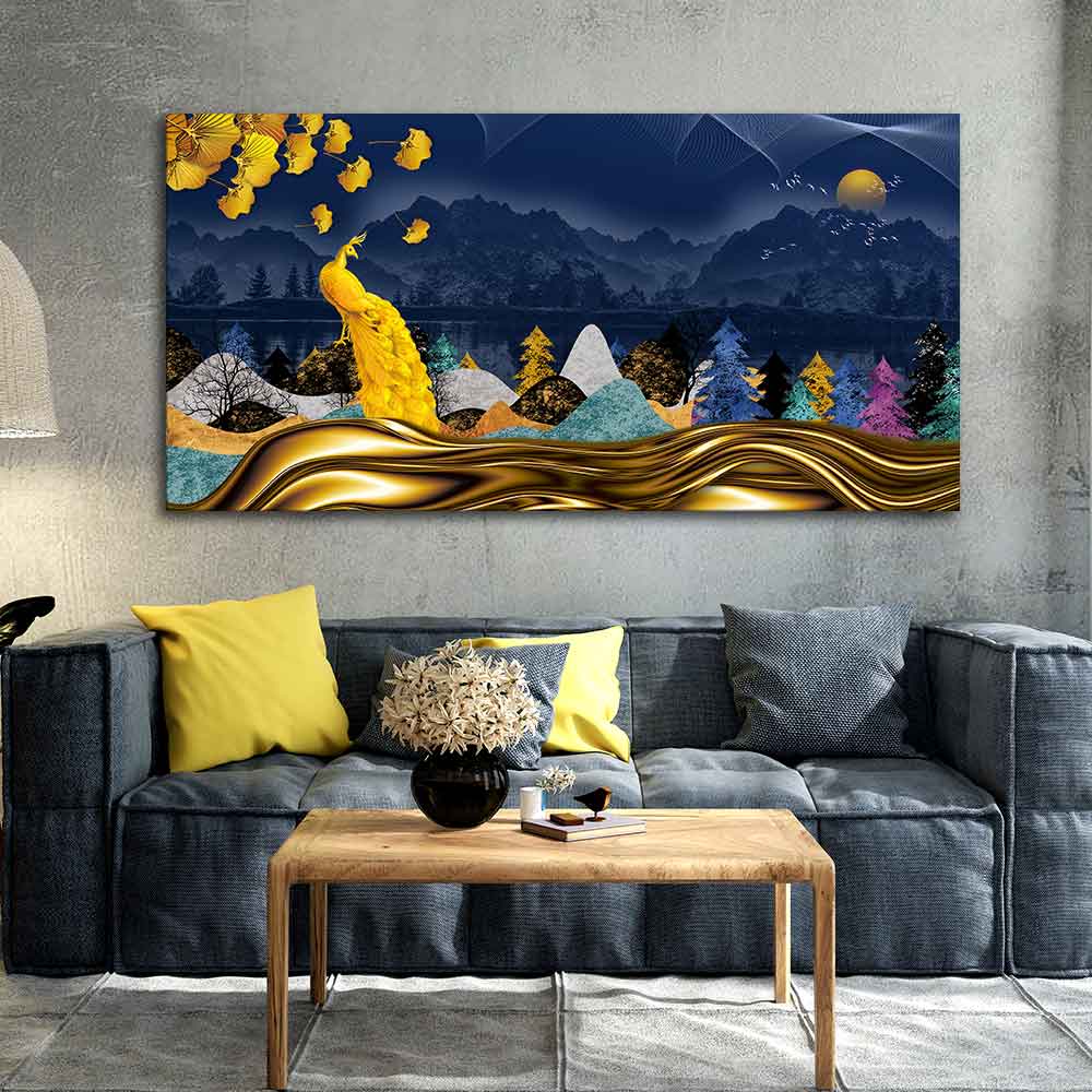 Golden Peacock in Dark Forest Premium Wall Painting - Image 2