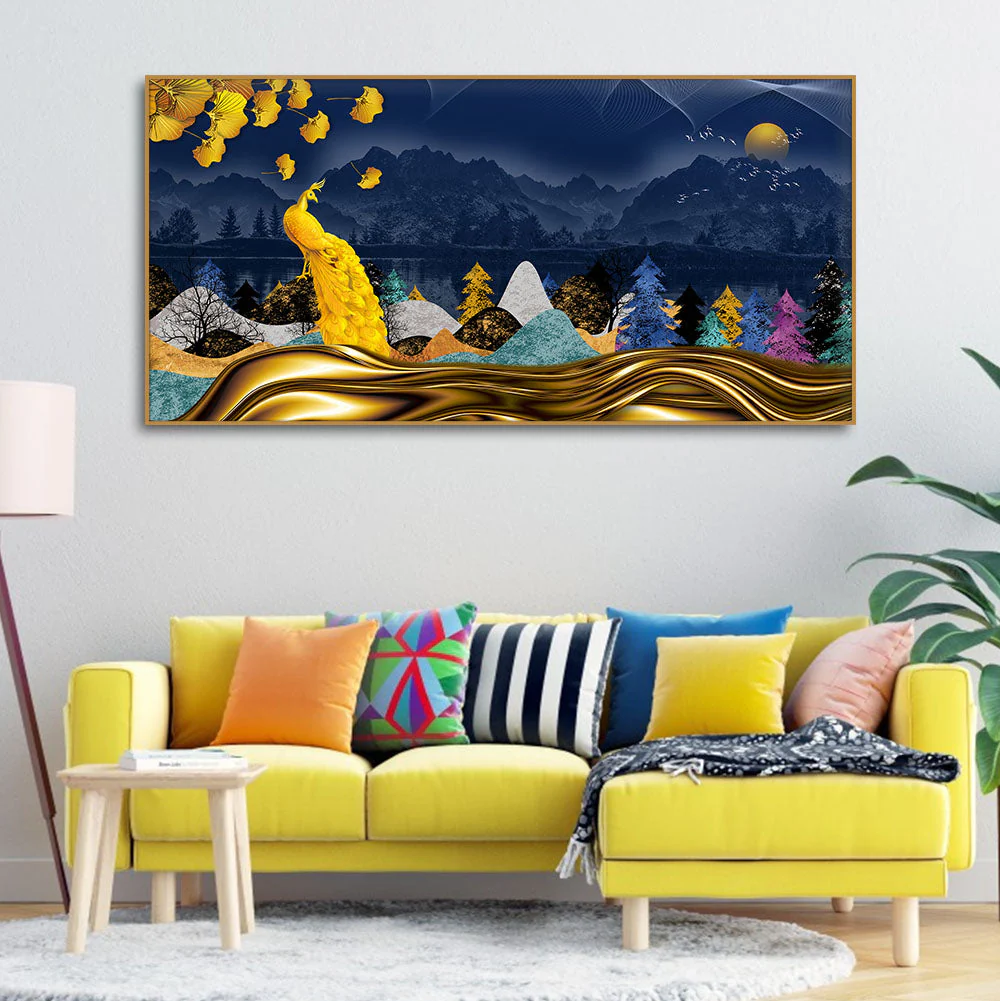 Golden Peacock in Dark Forest Premium Wall Painting - Image 3