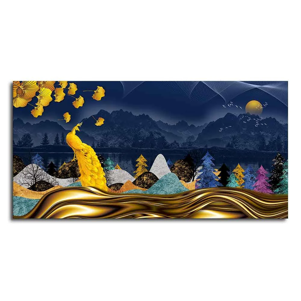 Golden Peacock in Dark Forest Premium Wall Painting - Image 4