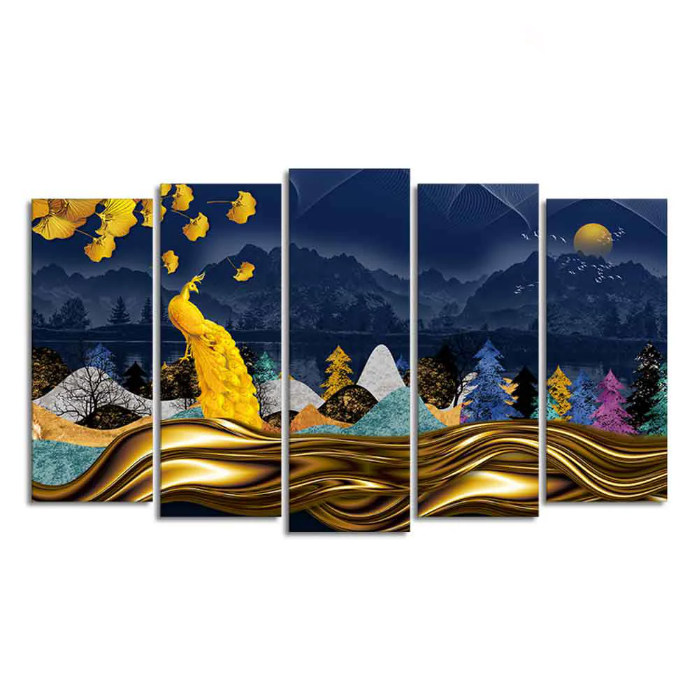 Golden Peacock in Dark Forest Premium Wall Painting Set of 5 Pieces - Image 4
