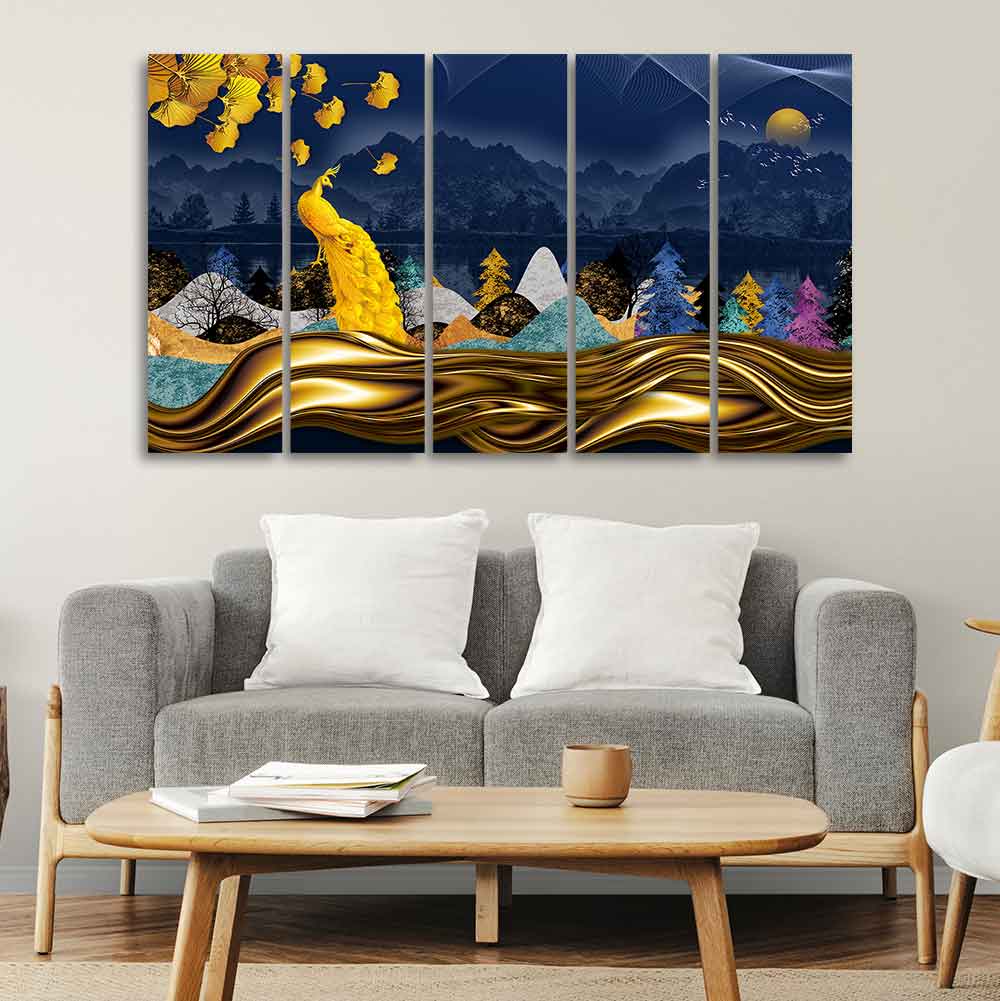 Golden Peacock in Forest Premium Wall Painting Set of Five - Image 2