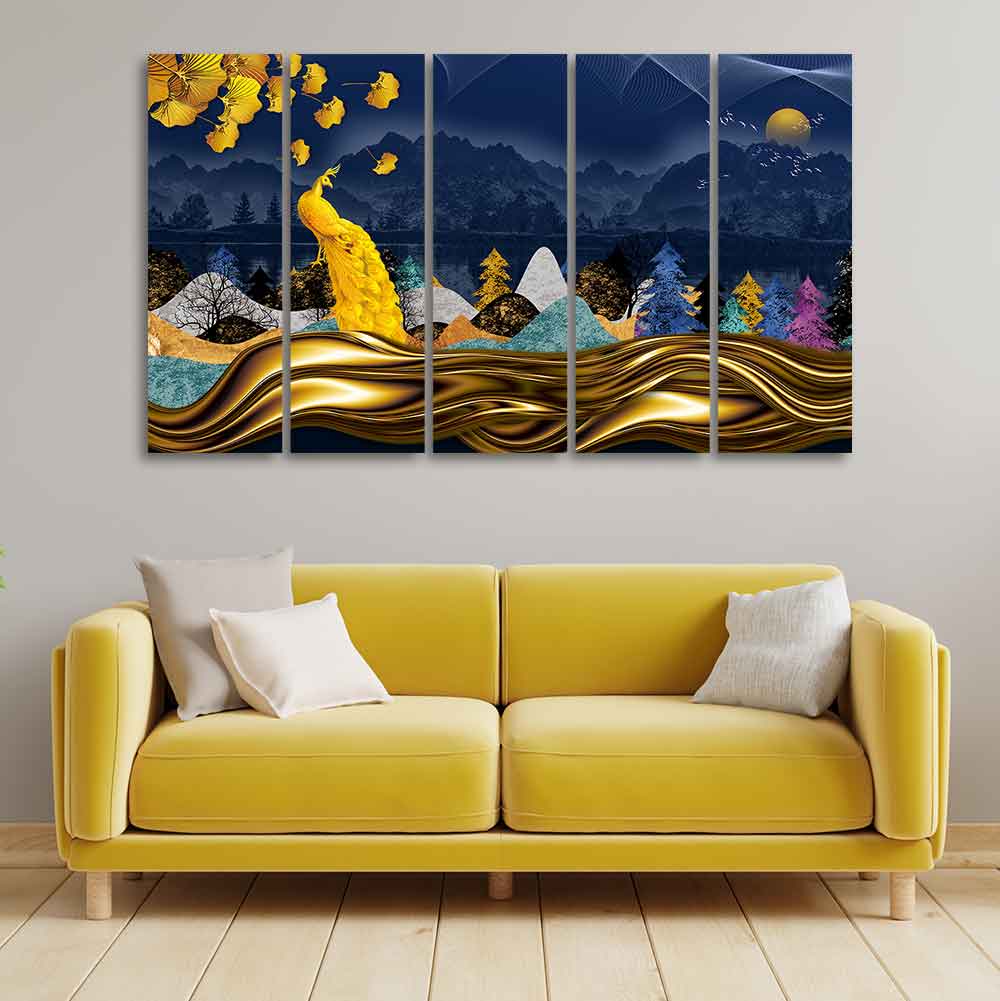 Golden Peacock in Forest Premium Wall Painting Set of Five - Image 3