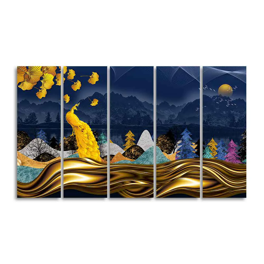 Golden Peacock in Forest Premium Wall Painting Set of Five - Image 4