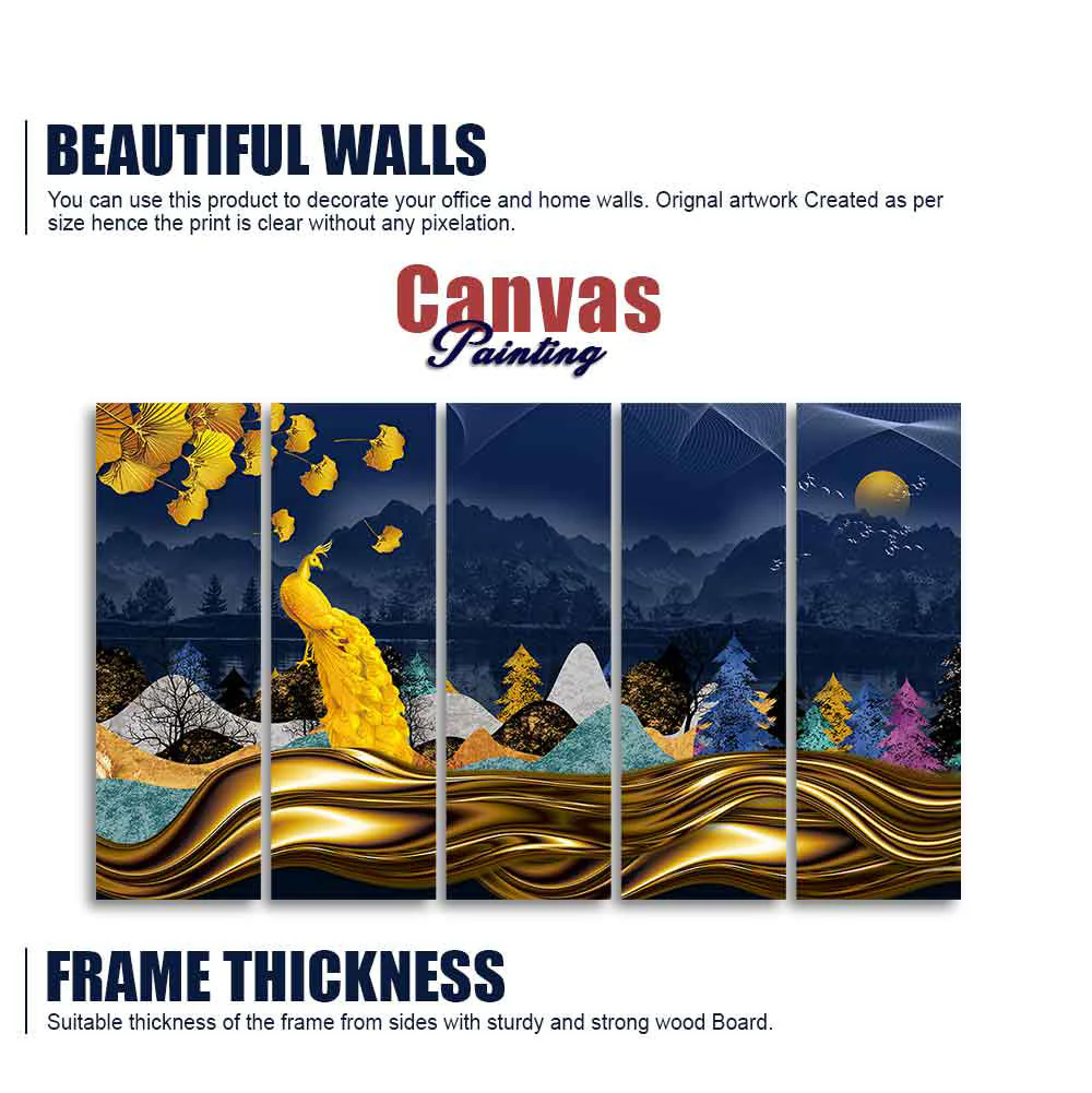 Golden Peacock in Forest Premium Wall Painting Set of Five - Image 5