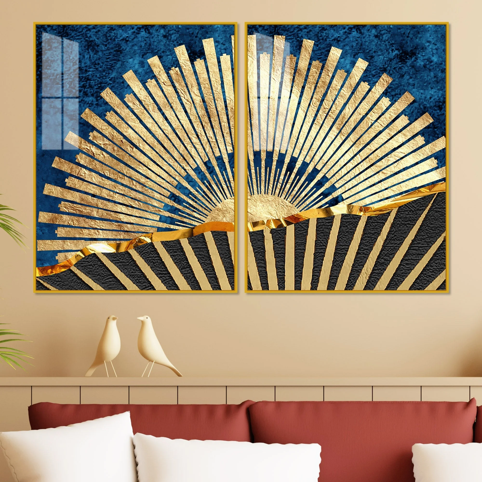 Golden Rising Sun Acrylic Floating Wall Painting Set of 2 - Image 2
