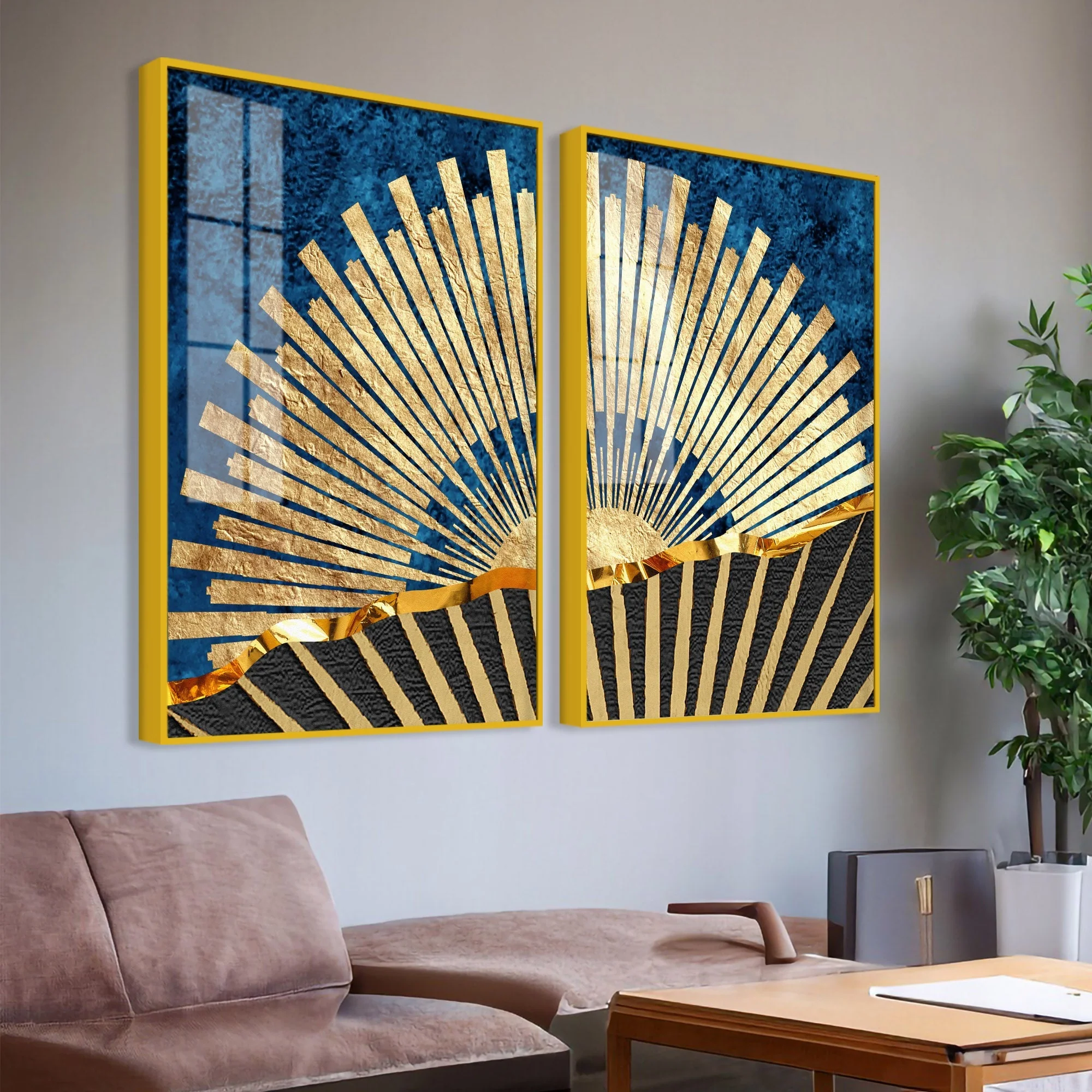 Golden Rising Sun Acrylic Floating Wall Painting Set of 2 - Image 3