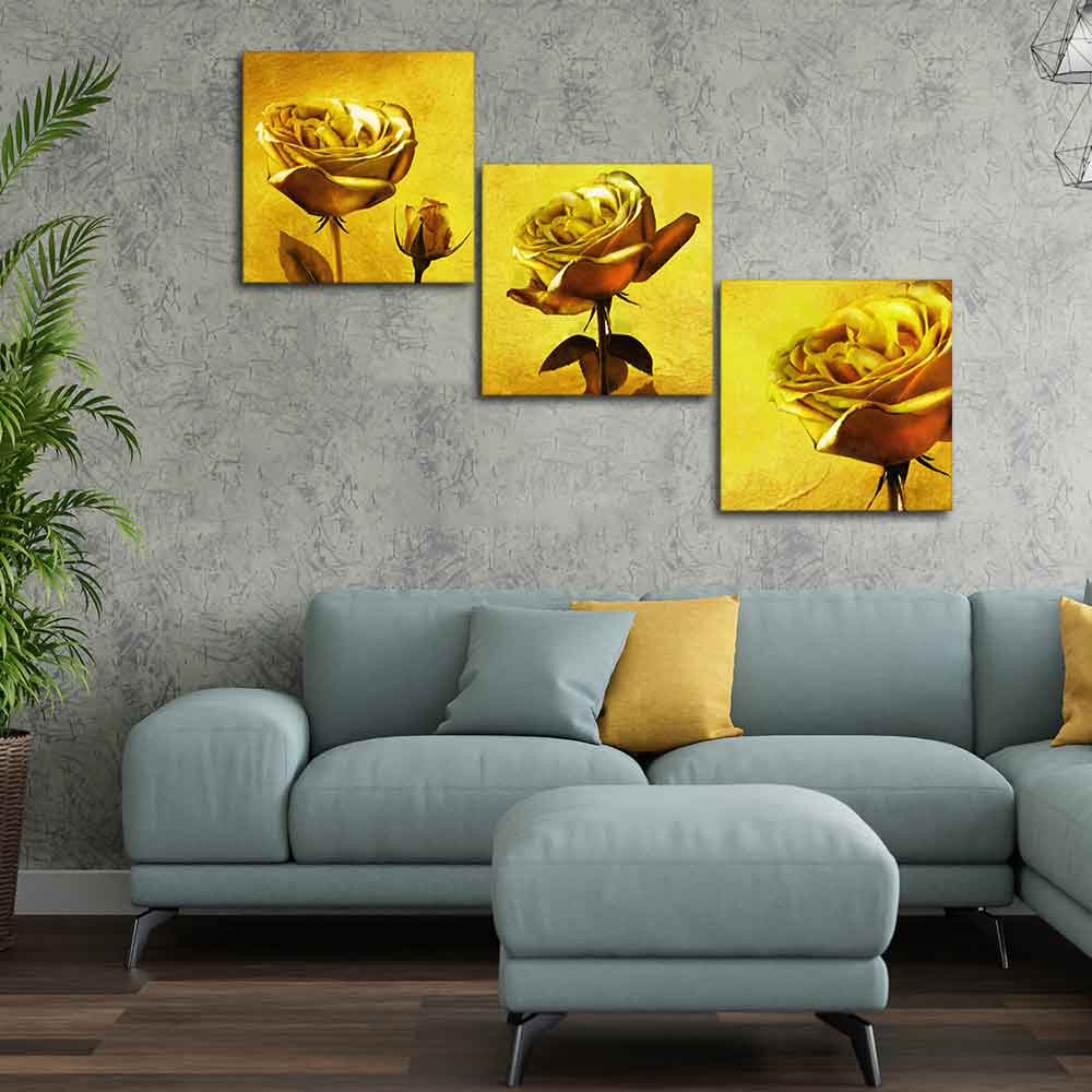 Golden Roses 3 Pieces Canvas Wall Painting - Image 3