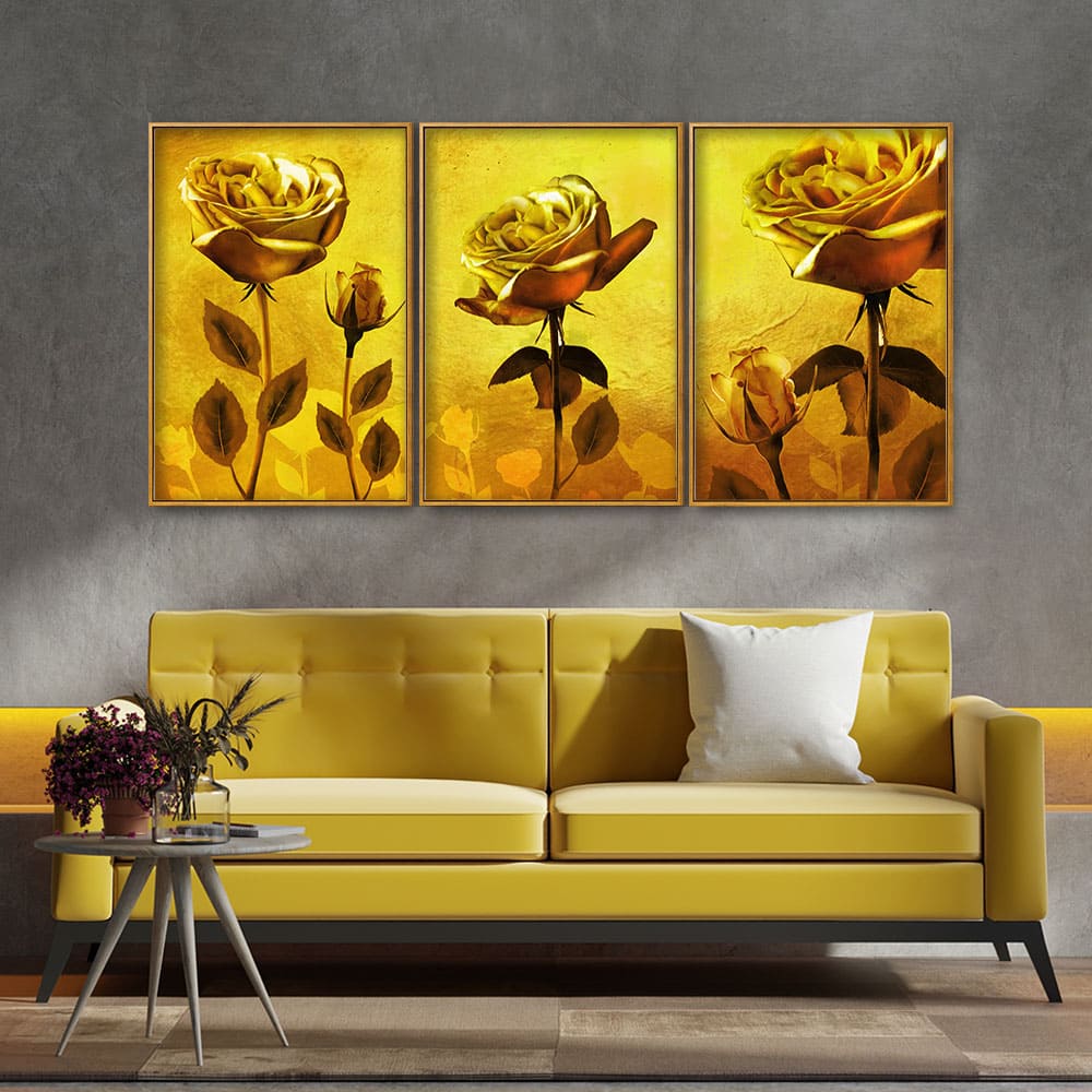 Golden Roses Floating Canvas Wall Painting Set of Three - Image 2