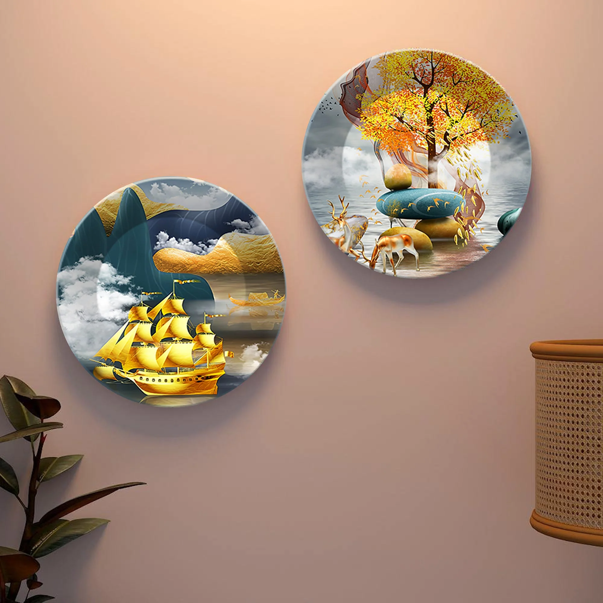 Golden Ship and Tree Ceramic Wall Hanging Plates of Two Pieces - Image 3