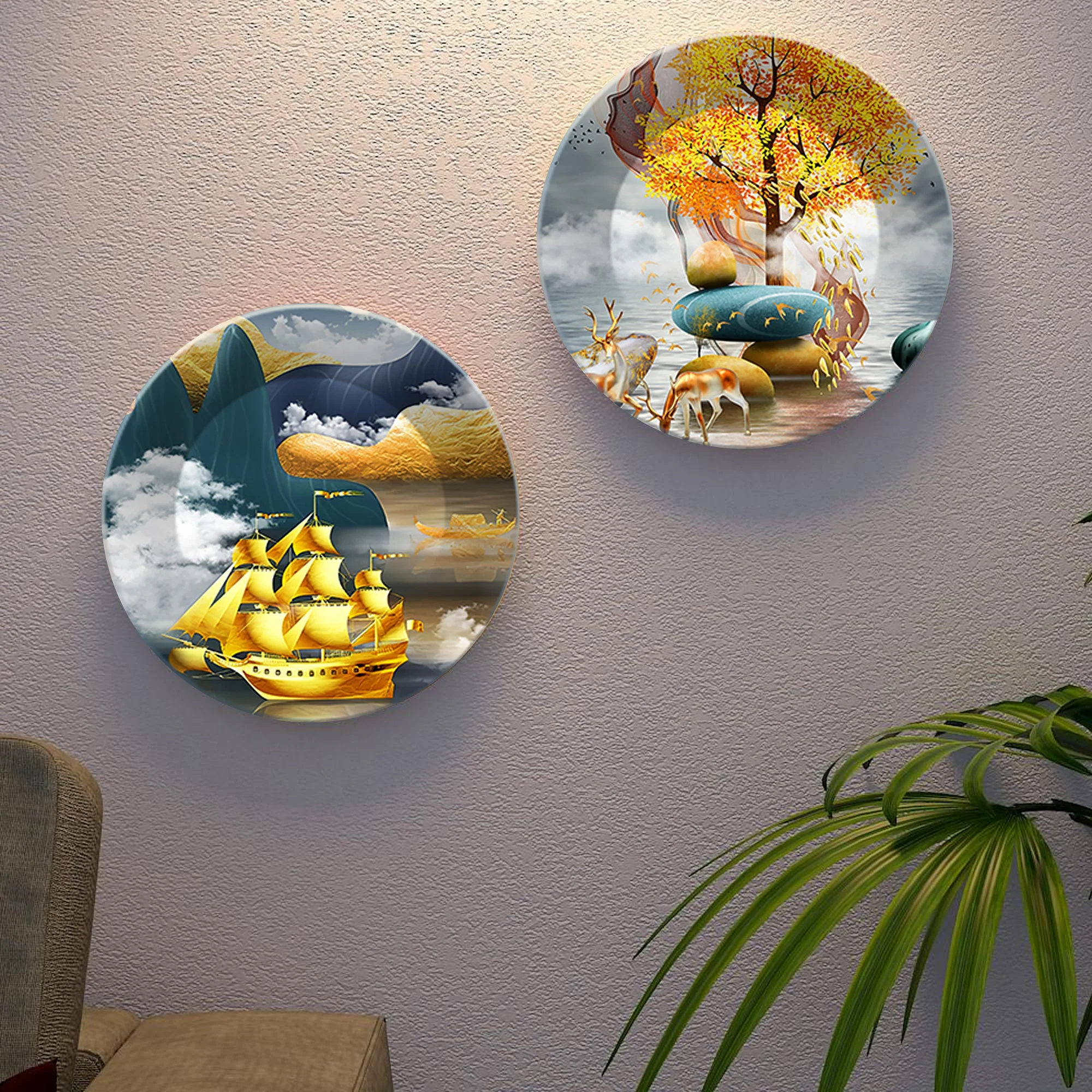 Golden Ship and Tree Ceramic Wall Hanging Plates of Two Pieces - Image 4