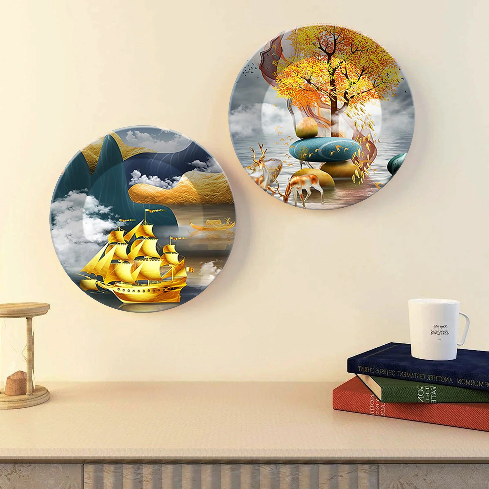 Golden Ship and Tree Ceramic Wall Hanging Plates of Two Pieces - Image 5