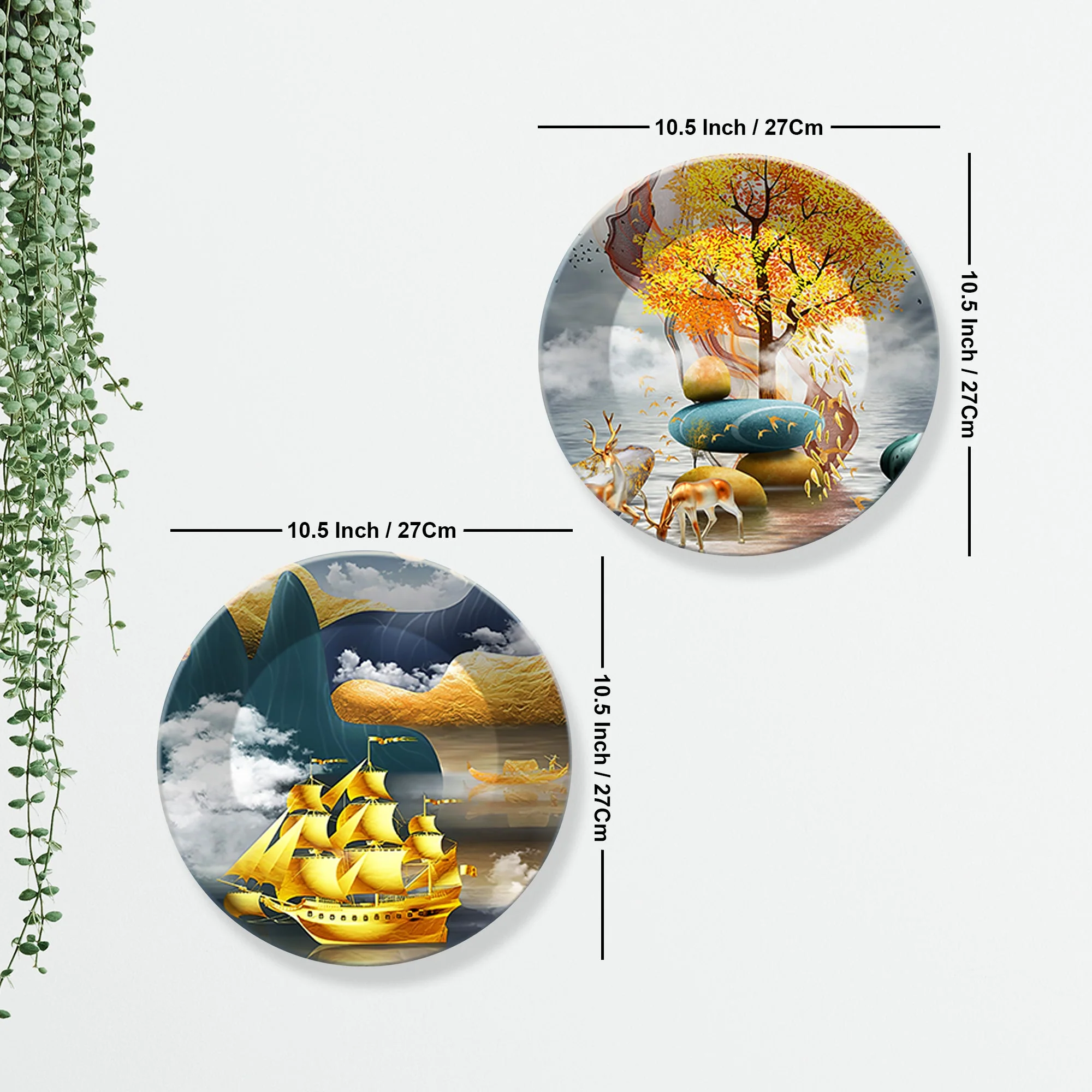 Golden Ship and Tree Ceramic Wall Hanging Plates of Two Pieces - Image 7