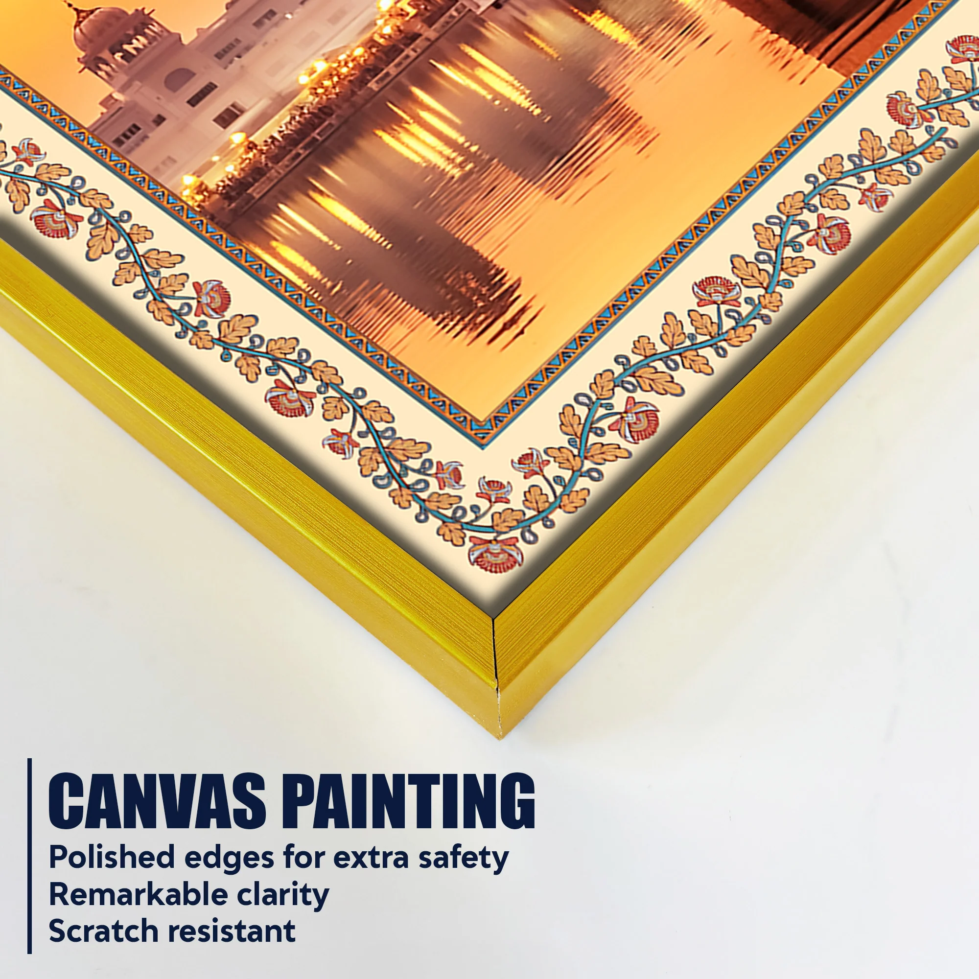 Golden Sikh Temple Floral Border Canvas Wall Painting - Image 5