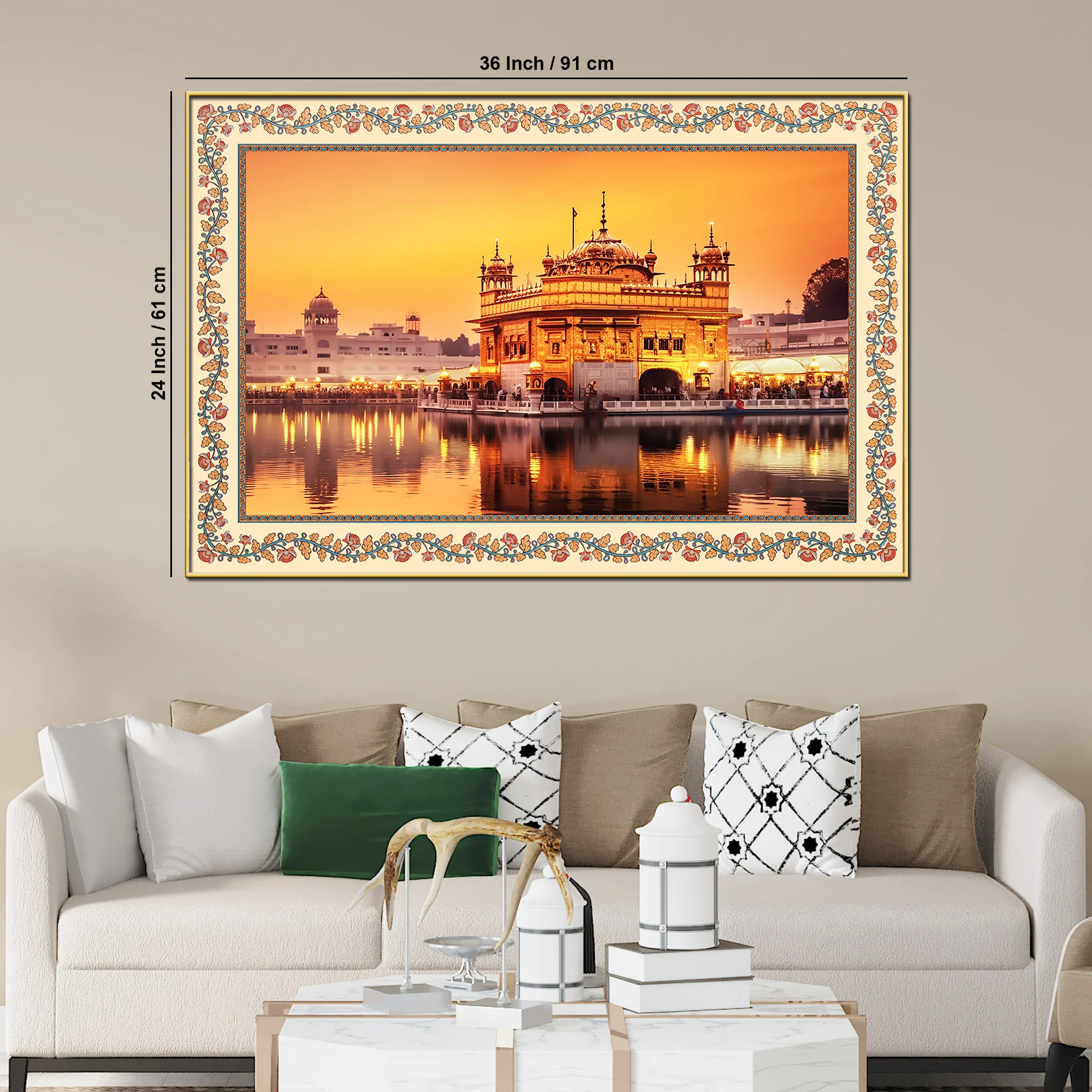 Golden Sikh Temple Floral Border Canvas Wall Painting - Image 6
