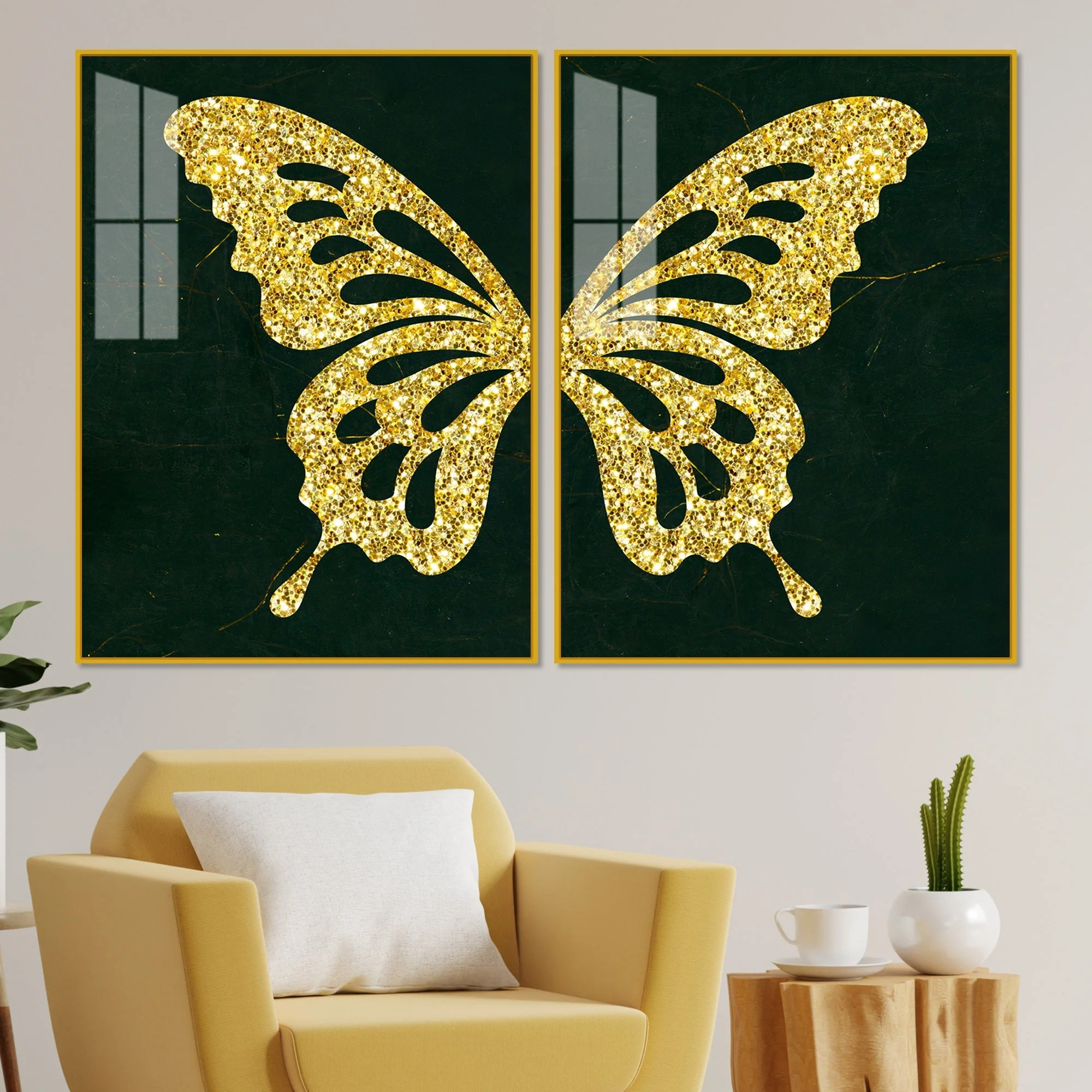 Golden Sparkling Butterfly Acrylic Floating Wall Painting Set of 2 - Image 2