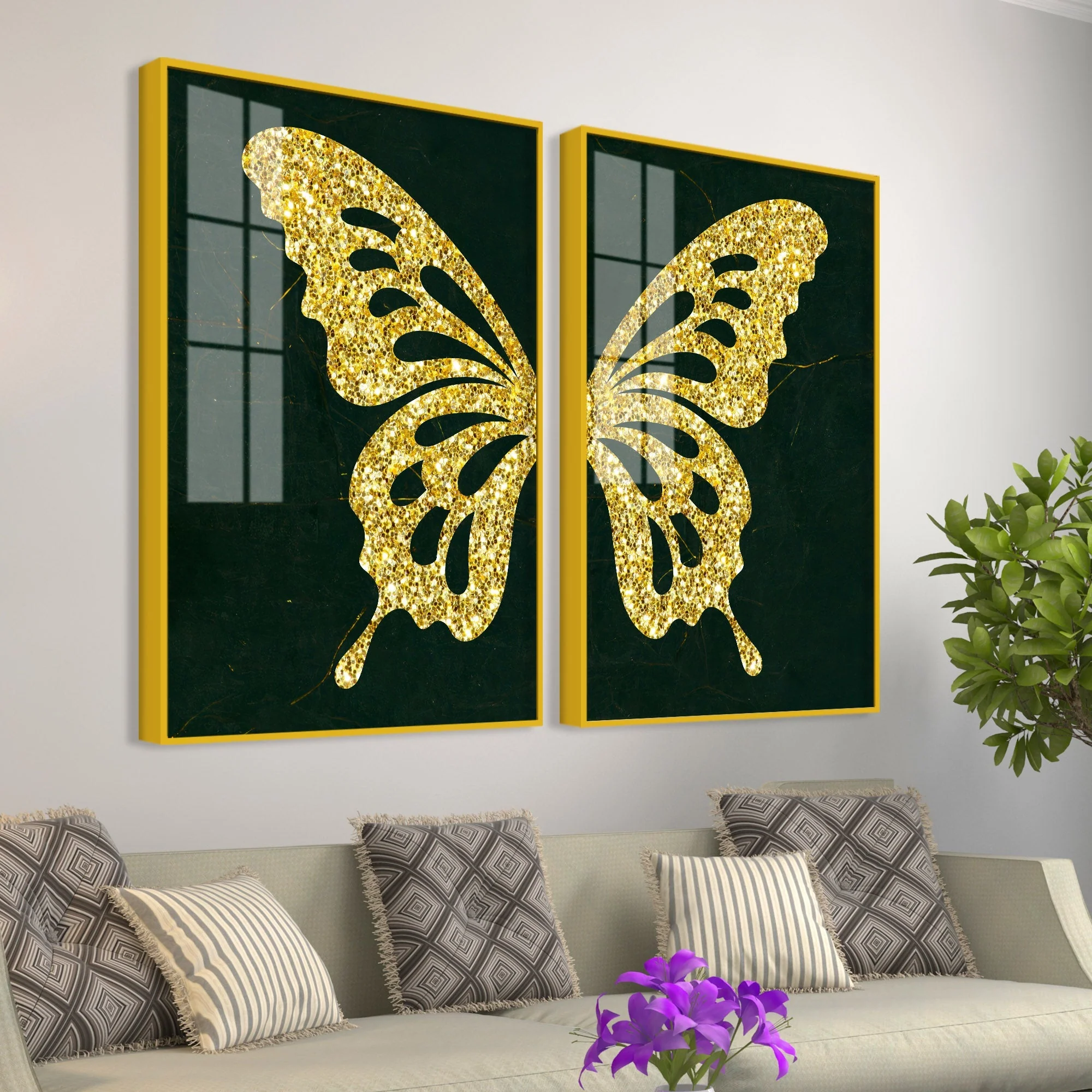 Golden Sparkling Butterfly Acrylic Floating Wall Painting Set of 2 - Image 3