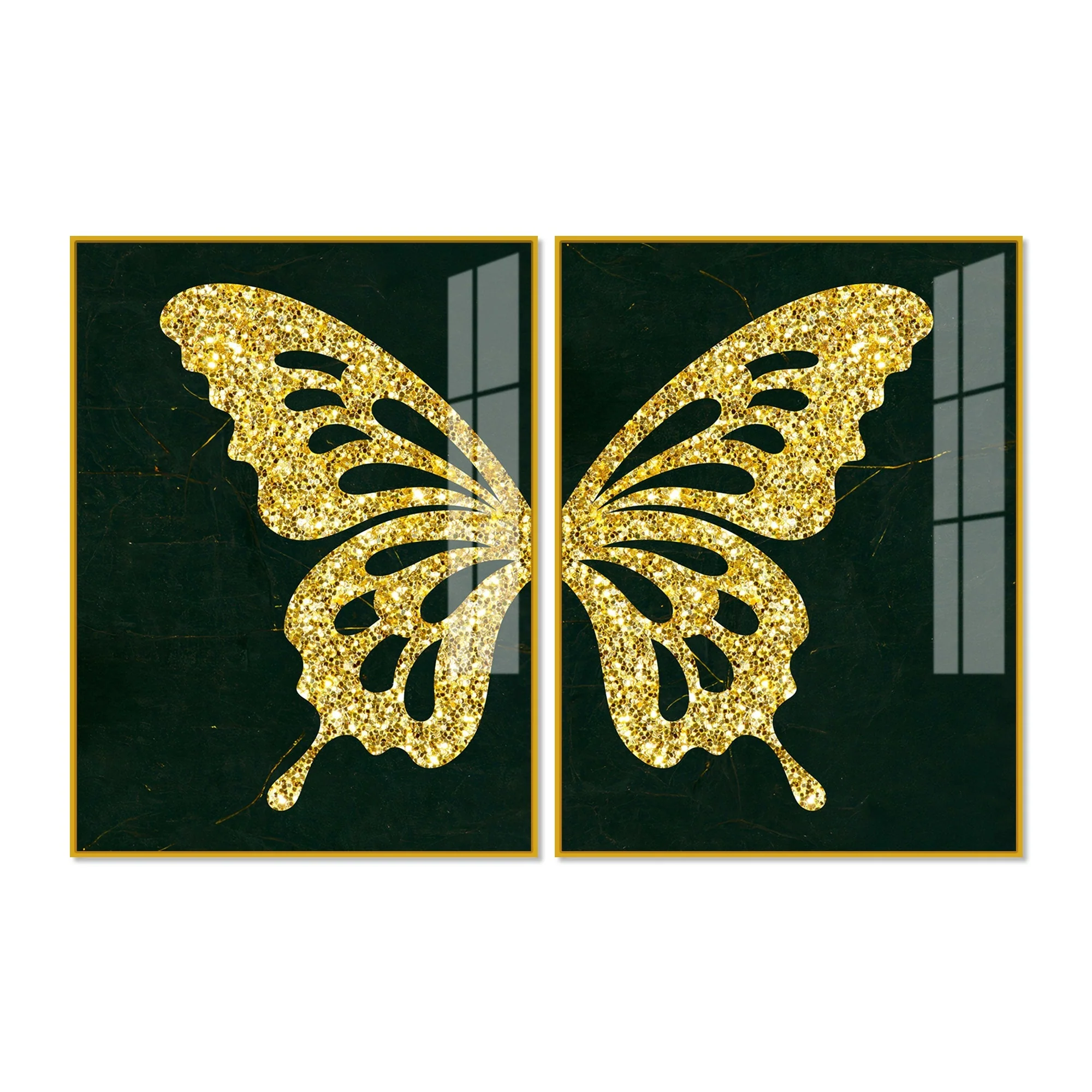 Golden Sparkling Butterfly Acrylic Floating Wall Painting Set of 2 - Image 5