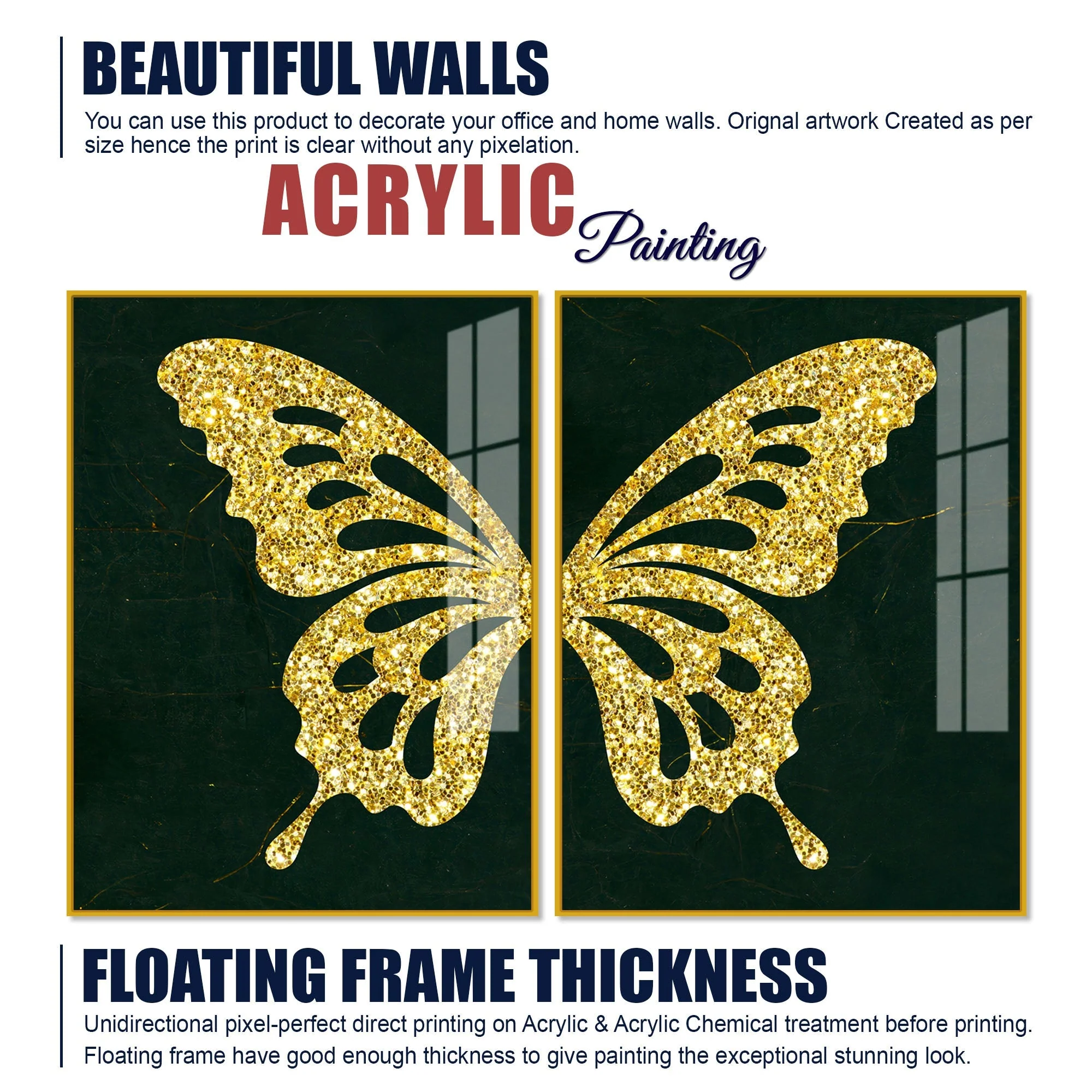 Golden Sparkling Butterfly Acrylic Floating Wall Painting Set of 2 - Image 6