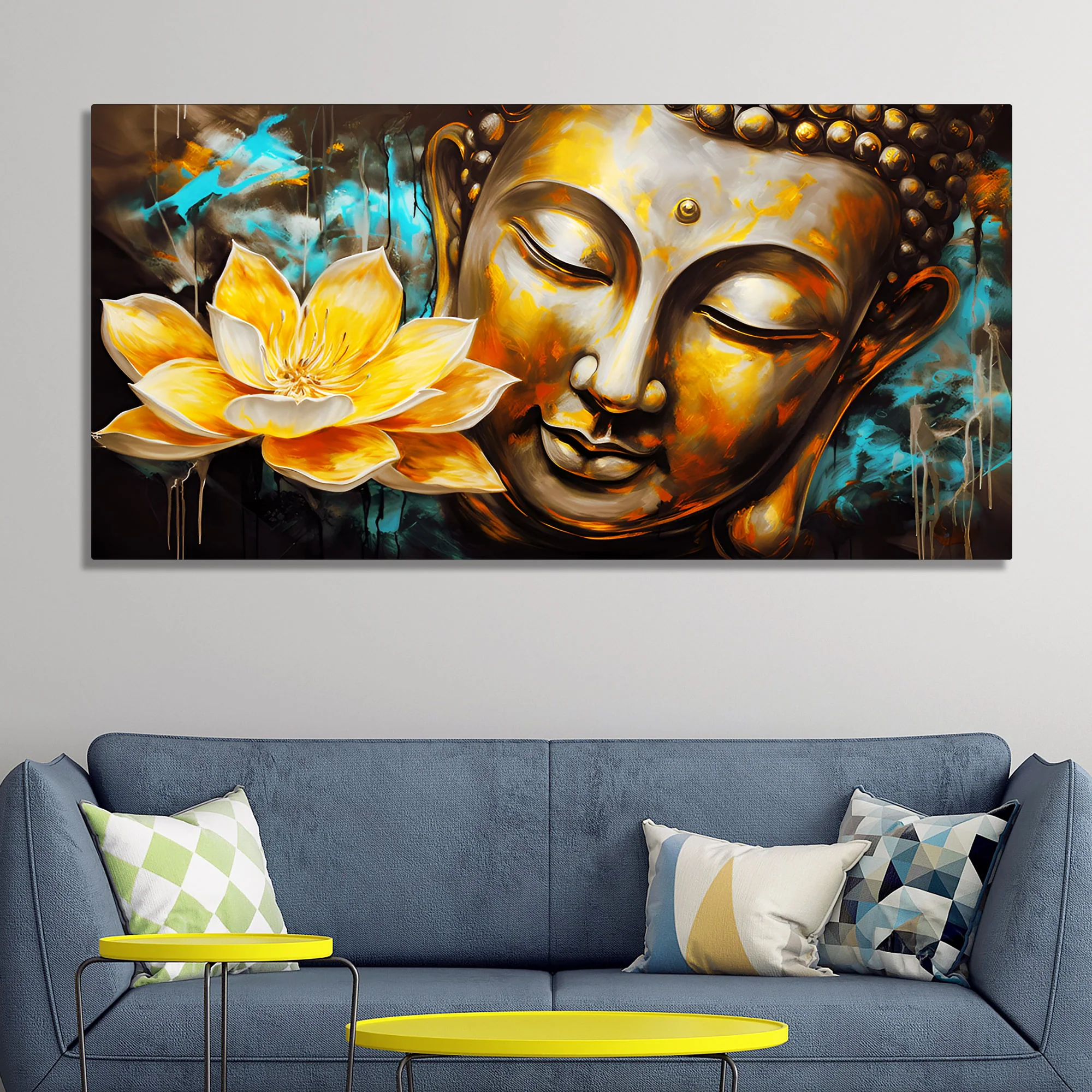 Golden Statue of Buddha with Lotus Flowers Canvas Wall Painting - Image 2