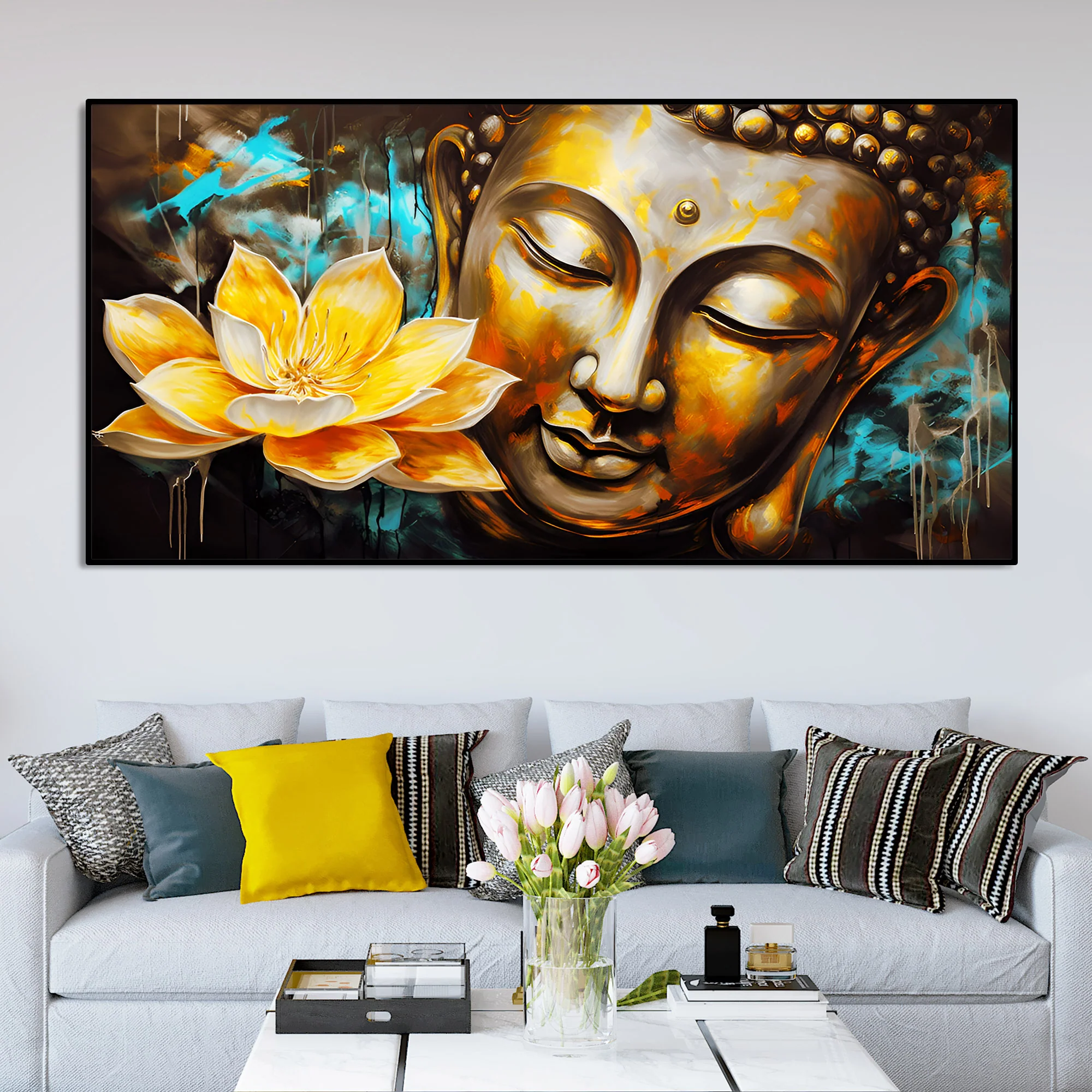 Golden Statue of Buddha with Lotus Flowers Canvas Wall Painting - Image 3