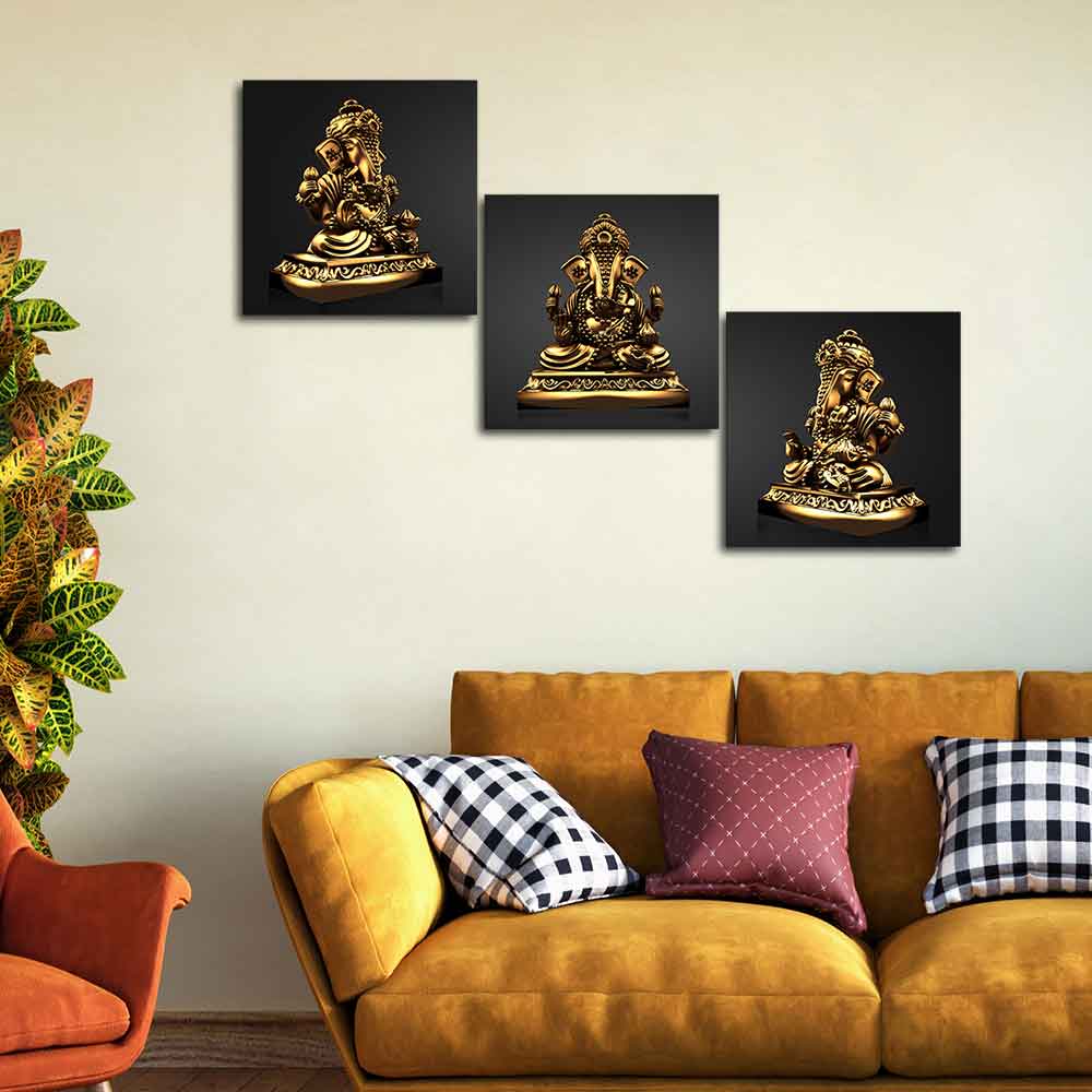 Golden Statue of Lord Ganesha Canvas Wall Painting of 3 Pieces - Image 2
