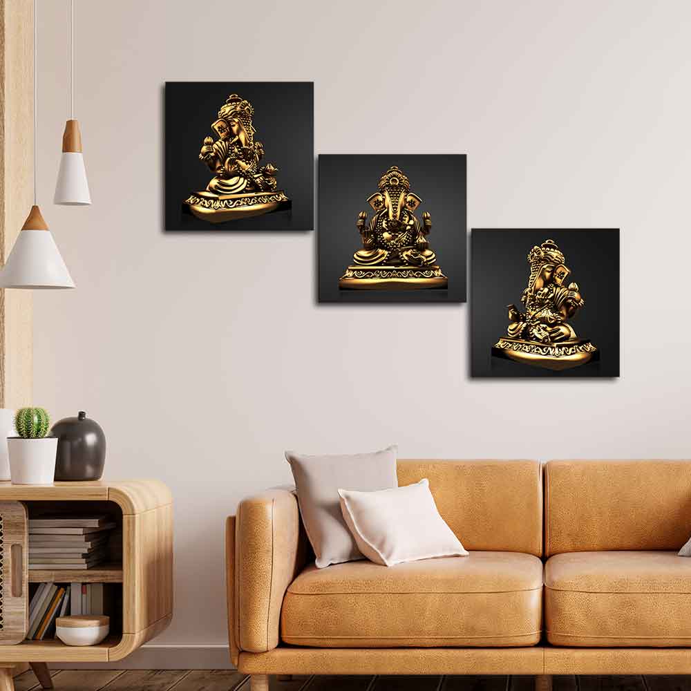 Golden Statue of Lord Ganesha Canvas Wall Painting of 3 Pieces - Image 3
