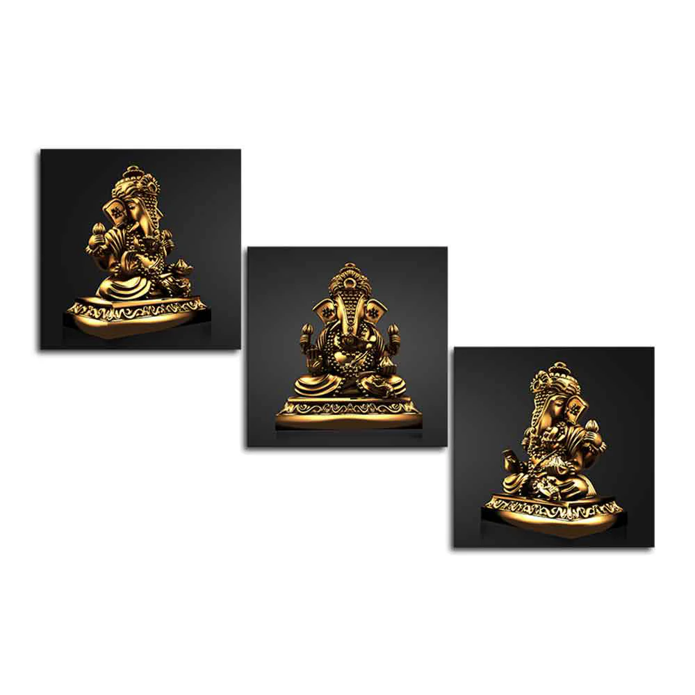 Golden Statue of Lord Ganesha Canvas Wall Painting of 3 Pieces - Image 4