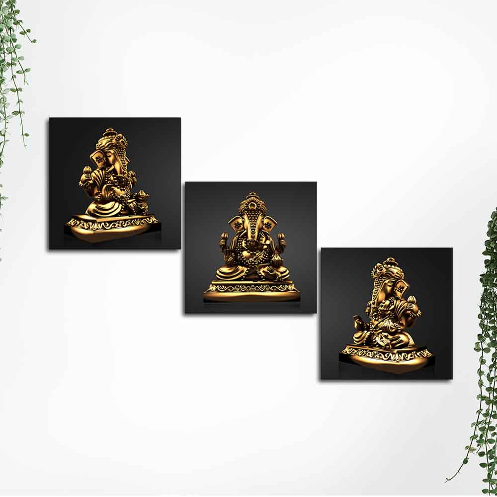 Golden Statue of Lord Ganesha Canvas Wall Painting of 3 Pieces - Image 5