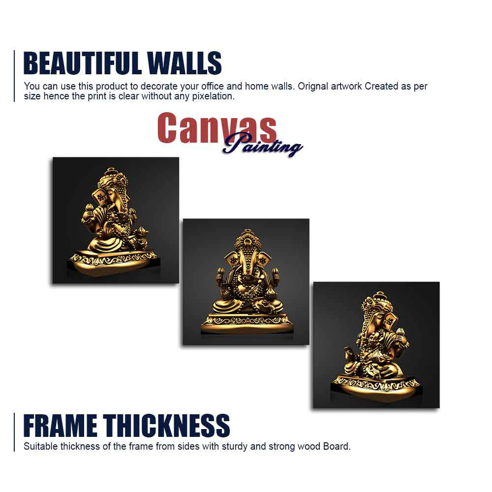 Golden Statue of Lord Ganesha Canvas Wall Painting of 3 Pieces - Image 6