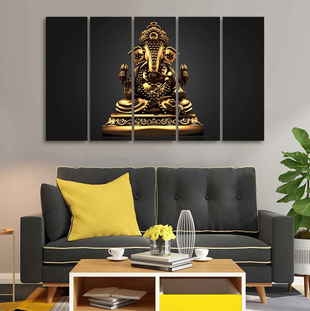 Golden Statue of Lord Ganesha Wall Painting of Five Pieces - Image 2