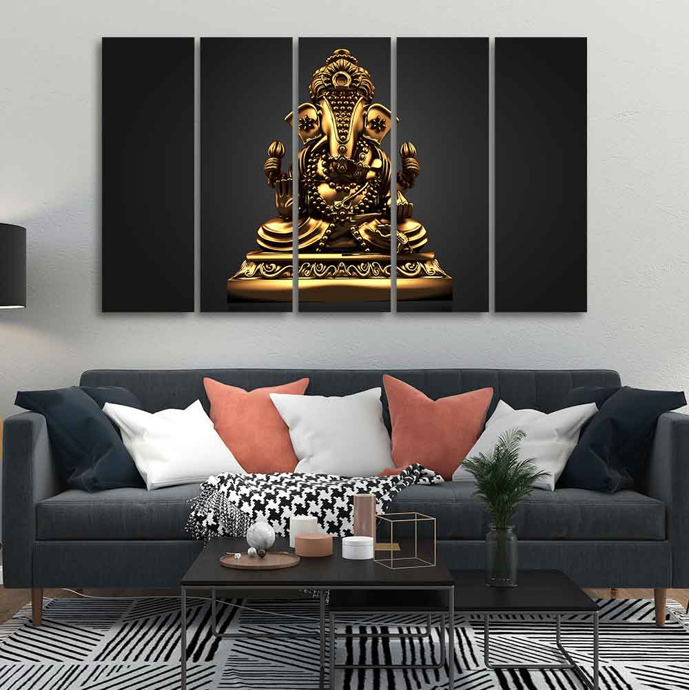 Golden Statue of Lord Ganesha Wall Painting of Five Pieces - Image 3