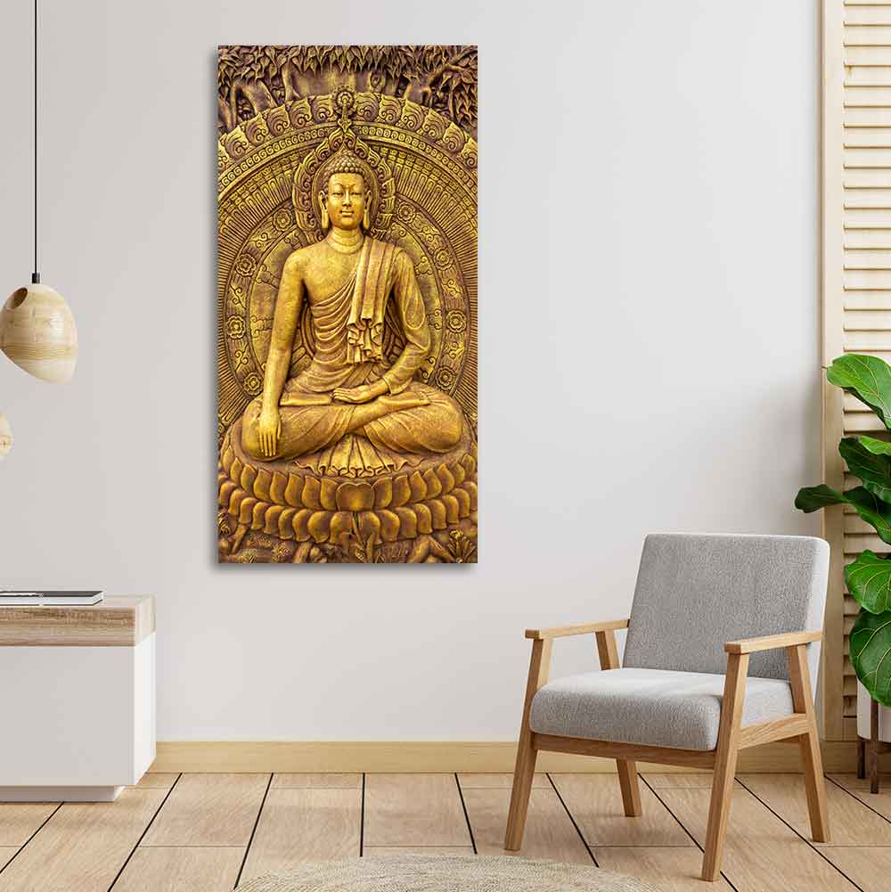 Golden Statue of Lord Gautam Buddha Canvas Wall Painting - Image 3